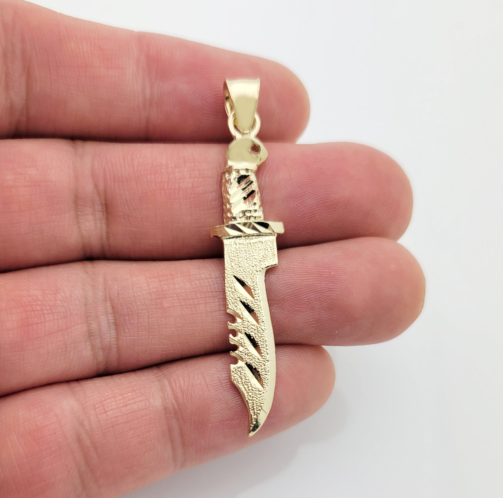 10K Yellow Gold Survival Hunting Knife Pendant, 2.1" Large Tactical Army Blade Charm, Heavy Double-Sided Gold Jewelry for Men - Stunu jewelry