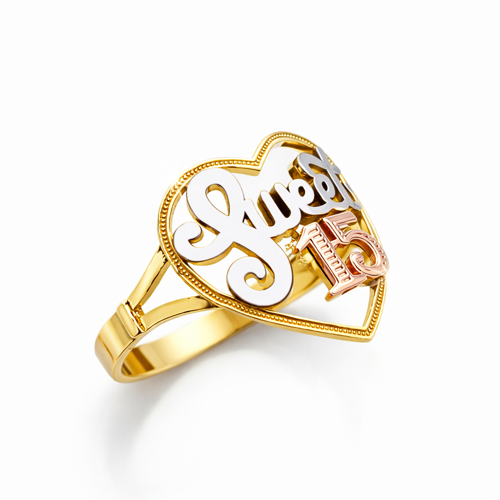 10K Tri Color Gold Sweet 15 Heart Quinceanera Ring 15 Anos - Stunu jewelry