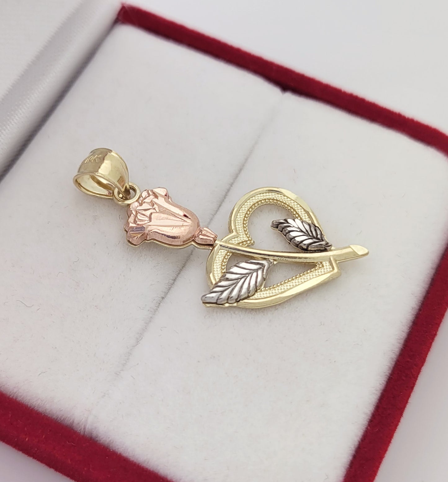 10K Yellow & Rose Gold Flower Heart Pendant, Rose Jewelry for Women, Elegant Floral Heart Charm for Necklaces, 1.2" x 0.6" - Stunu jewelry
