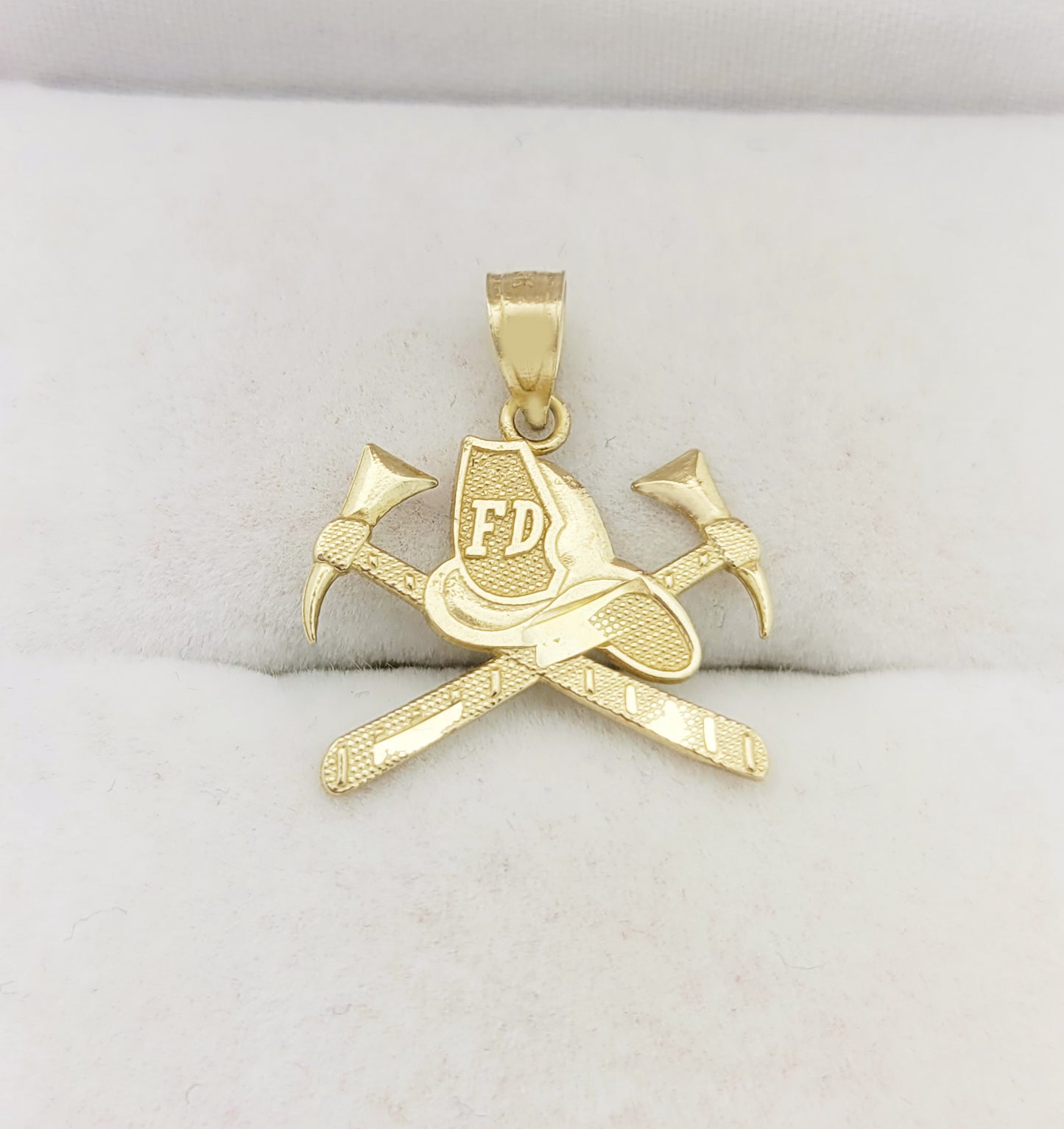 10K Yellow Gold Firefighter Helmet and Crossed Axes Pendant, Fire Department FD Badge Charm
