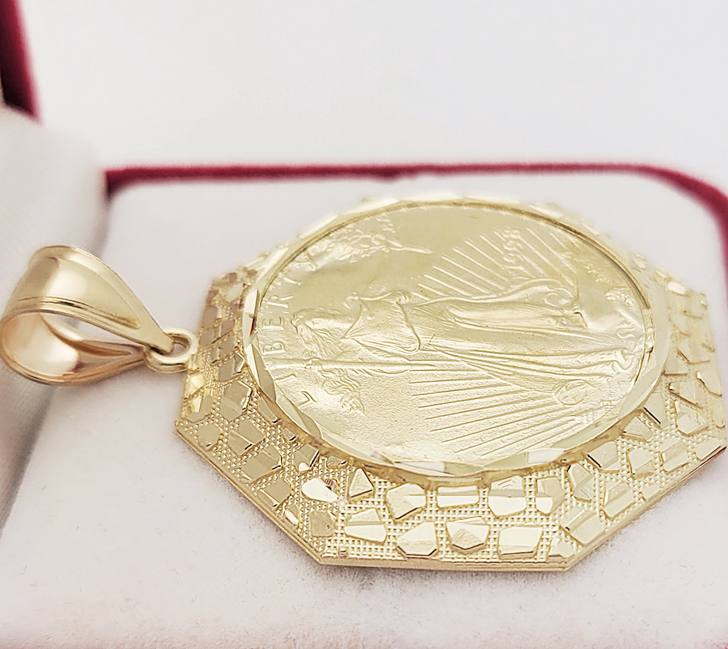 10K Yellow Gold Mens Walking Liberty Coin and Octagon Nugget Bezel Pendant 7.0 g