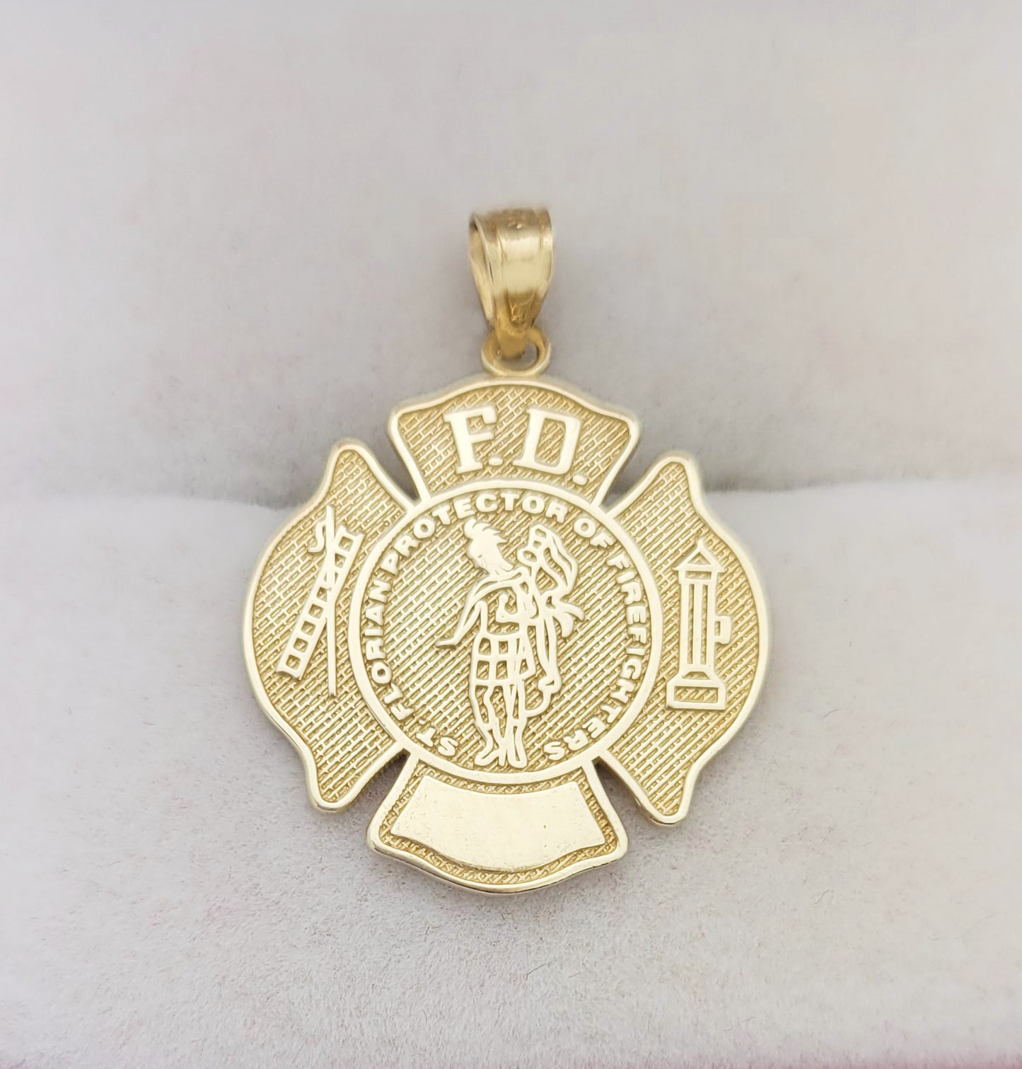 10K Yellow Gold St. Florian Patron Saint of Firefighters Pendant, Maltese Cross Fire Department Badge Charm for Necklace
