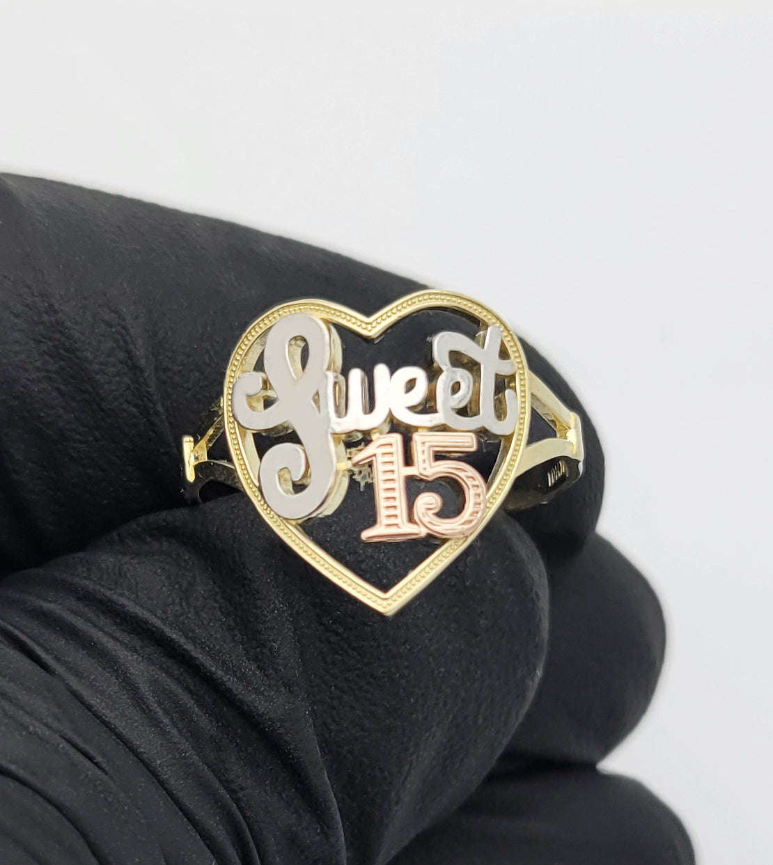 10K Tri Color Gold Sweet 15 Heart Quinceanera Ring 15 Anos - Stunu jewelry