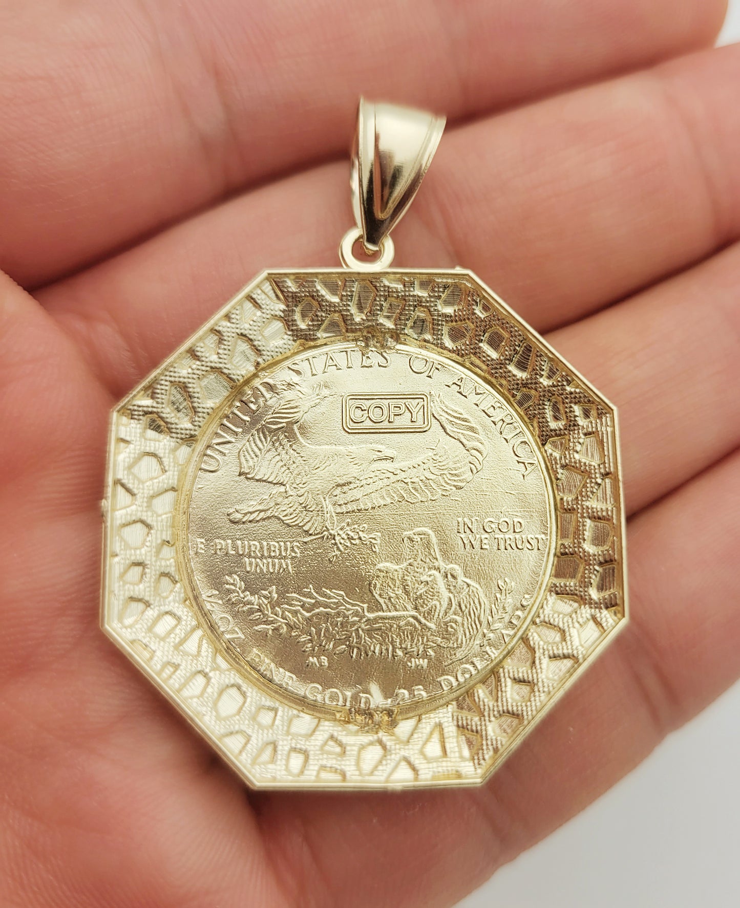 10K Yellow Gold Mens Walking Liberty Coin and Octagon Nugget Bezel Pendant 7.0 g