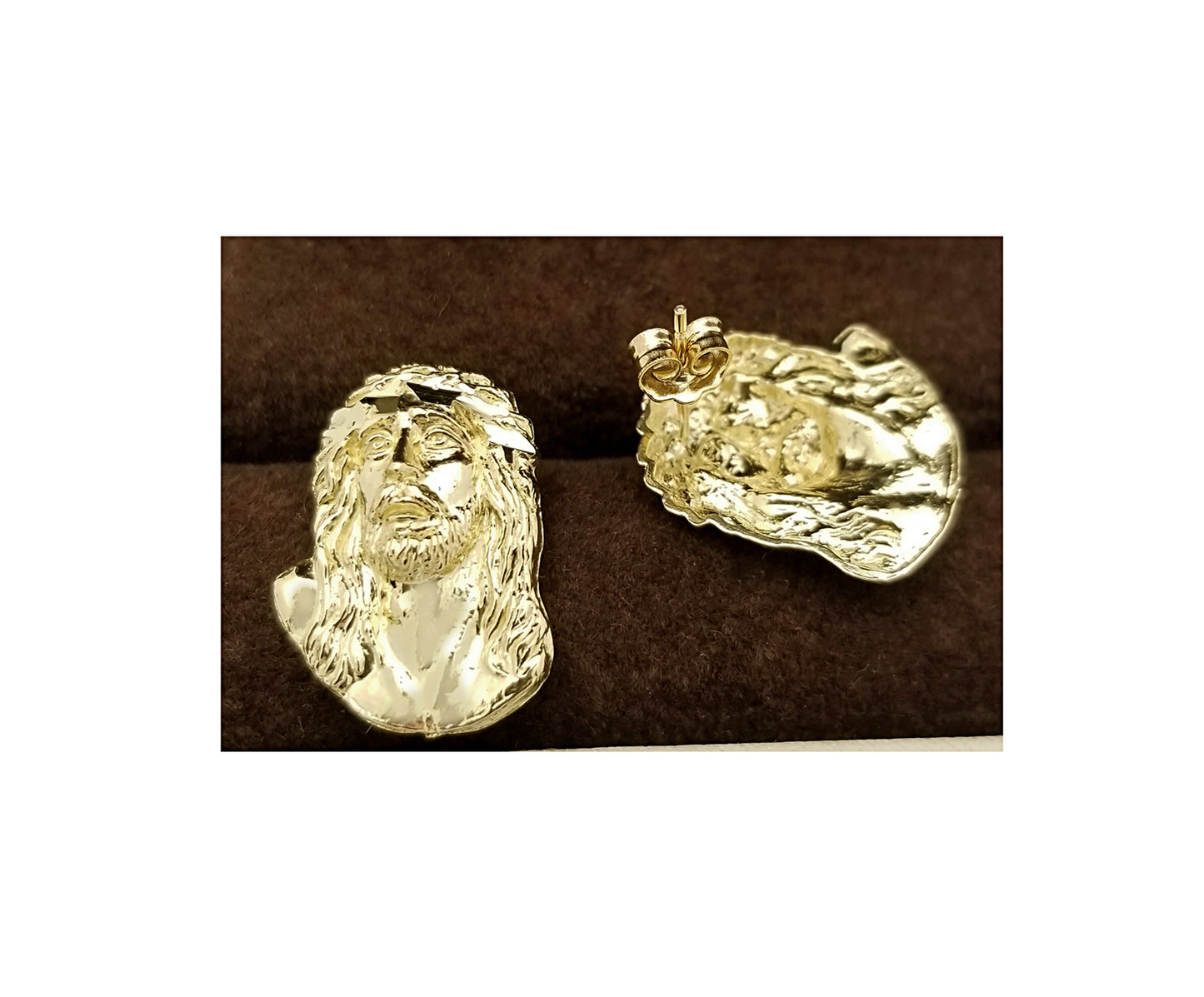 10K Yellow Gold Jesus Earrings For Men Jesus Face Earrings 18.5 mm x 15 mm