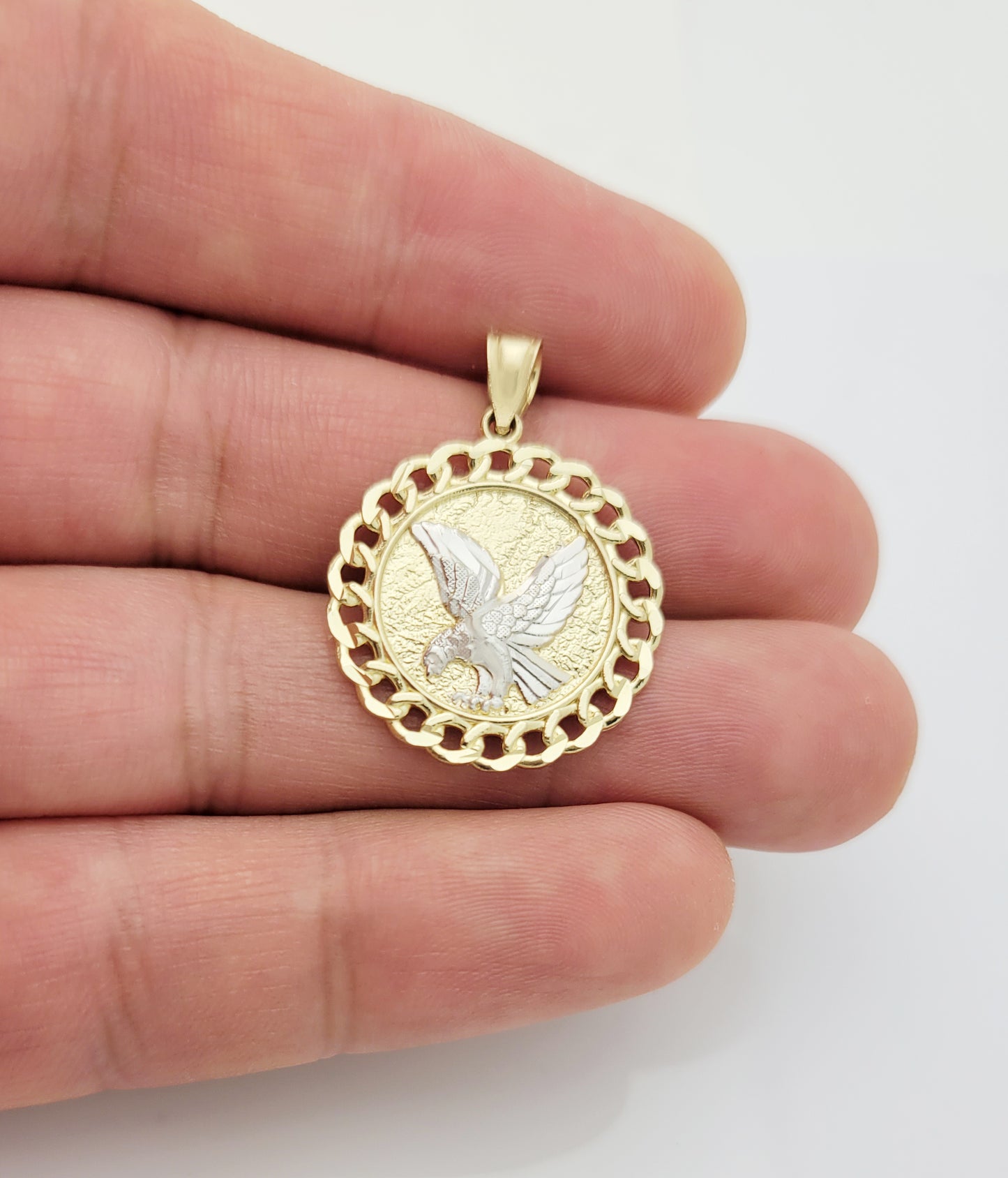 10K Yellow Gold American Eagle Pendant Eagle Medallion Cuban Link Frame