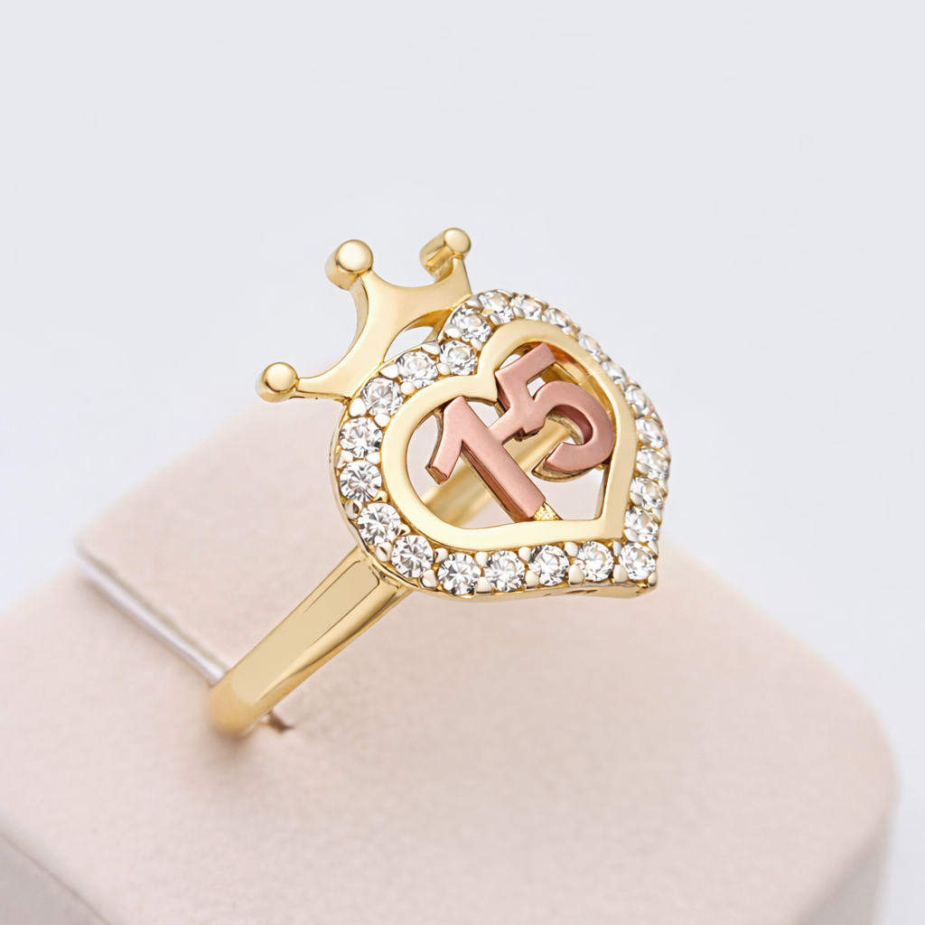 10K Yellow And Rose Gold Quinceanera Ring 15 Anos Crown Ring - Stunu jewelry