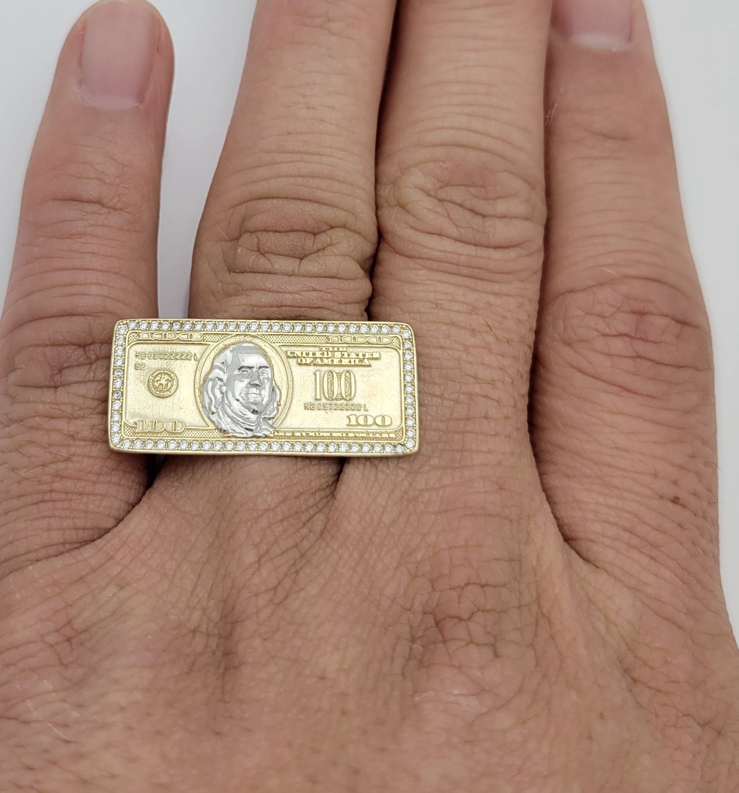 10K Yellow Gold Hundred Dollar Bill Ring Benjamin Franklin Ring With CZ Stones