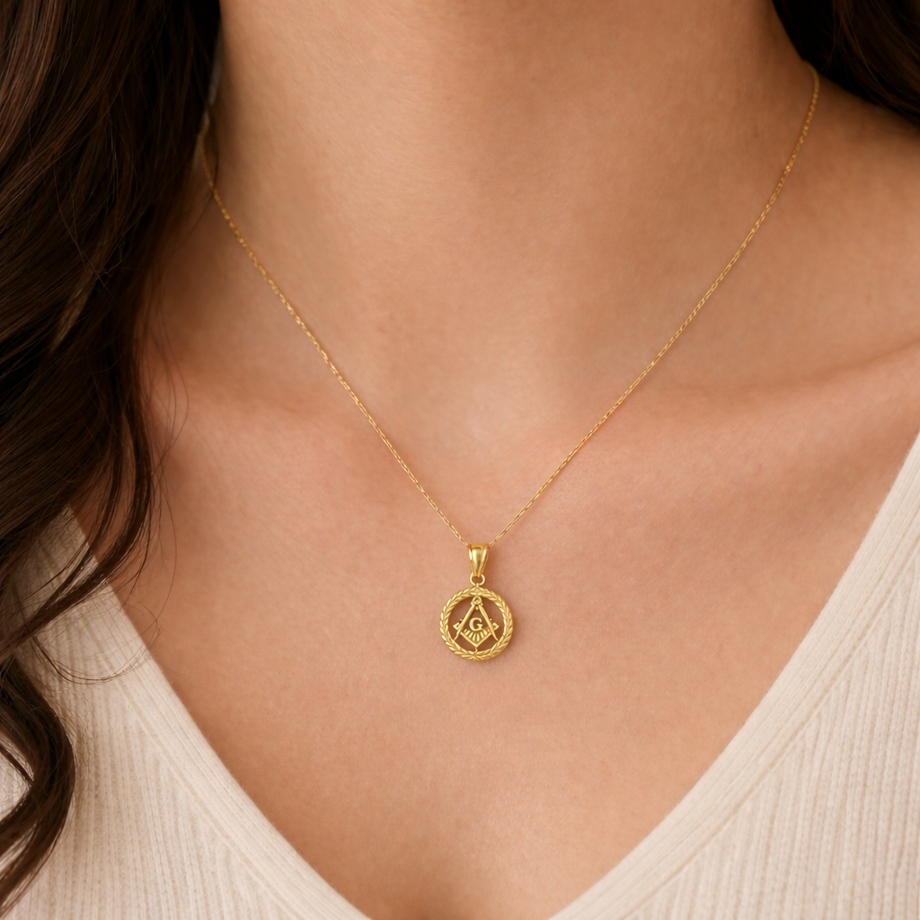 10K Solid Yellow Gold Masonic Round Pendant, Freemason Compass & Square with G, 16mm Circle Charm - Stunu jewelry