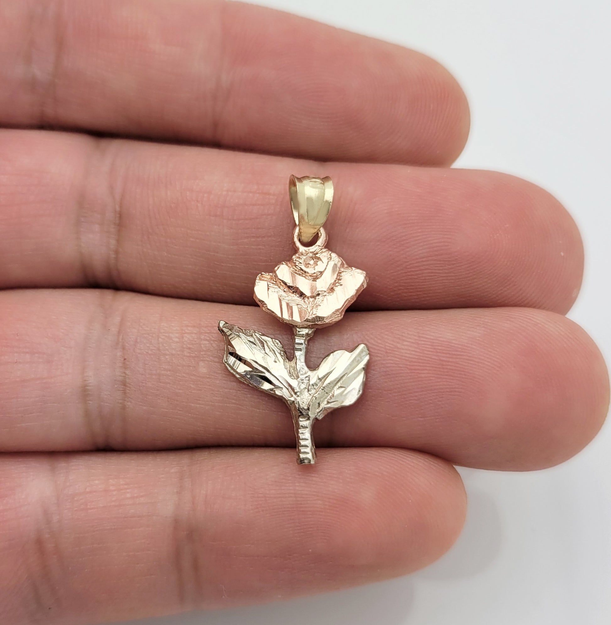 10K Tri-Color Gold Rose Flower Pendant, Real Gold Rose Charm for Necklace, Floral Jewelry Gift for Women, 1.1 in x 0.6 in - Stunu jewelry