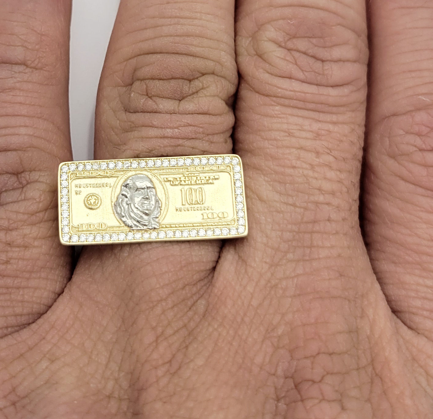 10K Yellow Gold Hundred Dollar Bill Ring Benjamin Franklin Ring CZ Ring
