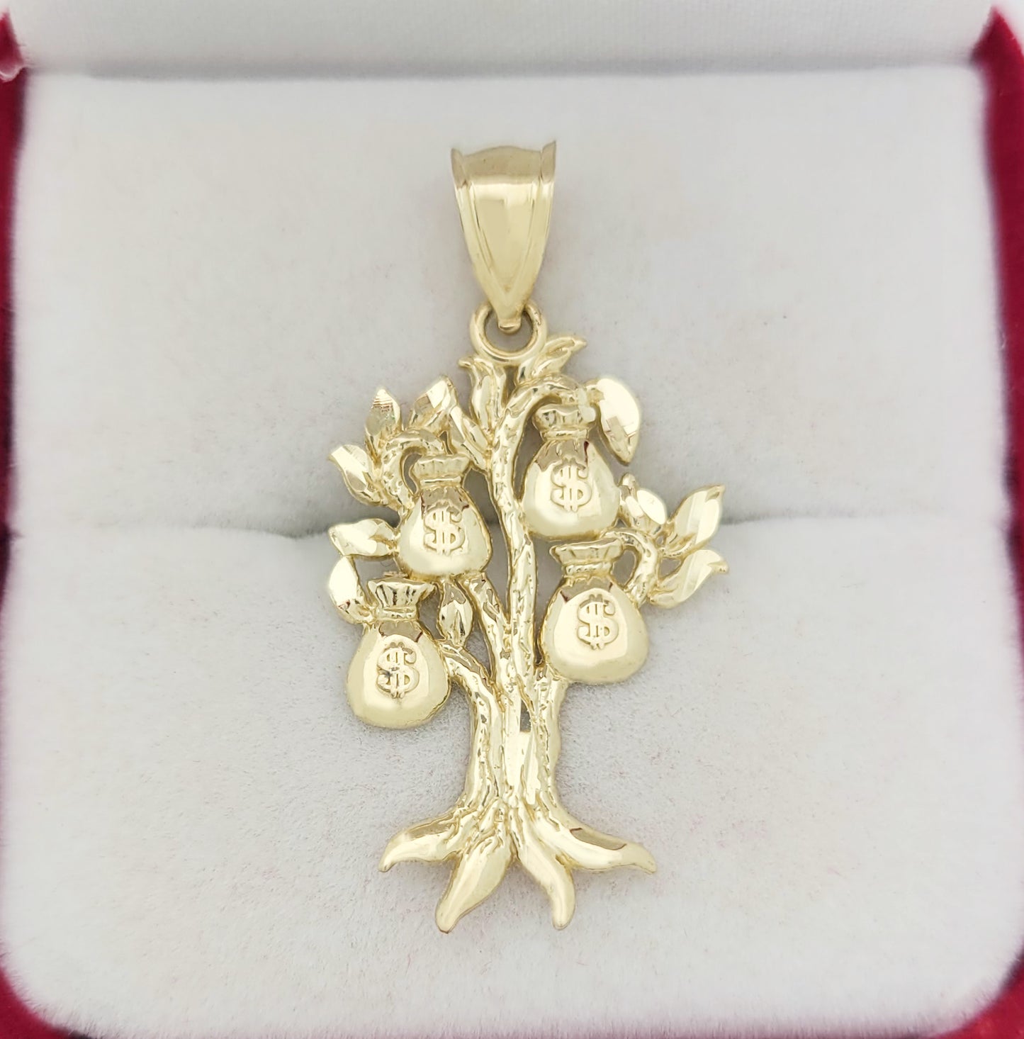 10K Yellow Gold Money Bag Tree Pendant Money Bag Treasure Pendant 1.7 in x 0.9 in