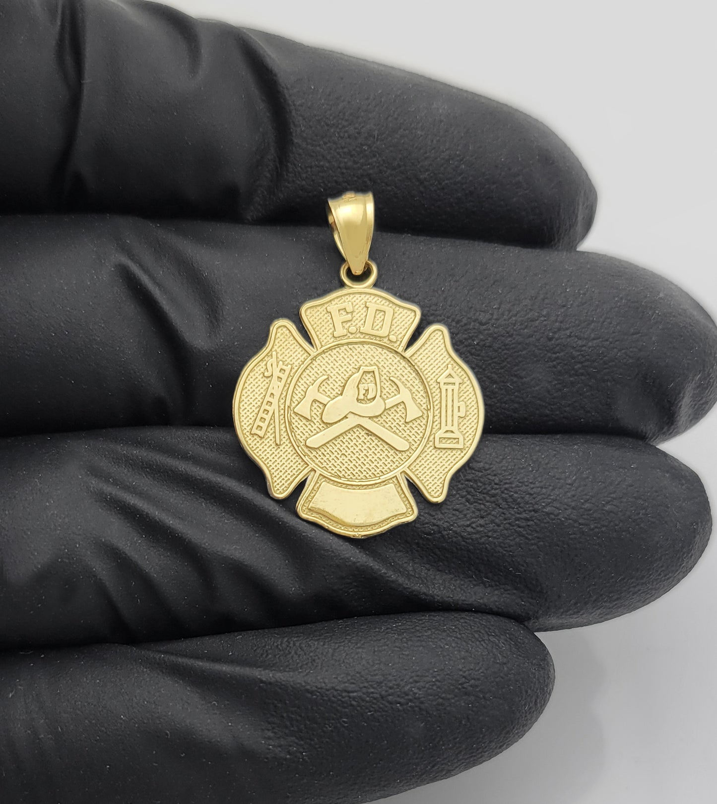 10K Yellow Gold Fireman Firefighter Badge Pendant Fire Dept Charm F.D Charm Firemen's Hat And Axes
