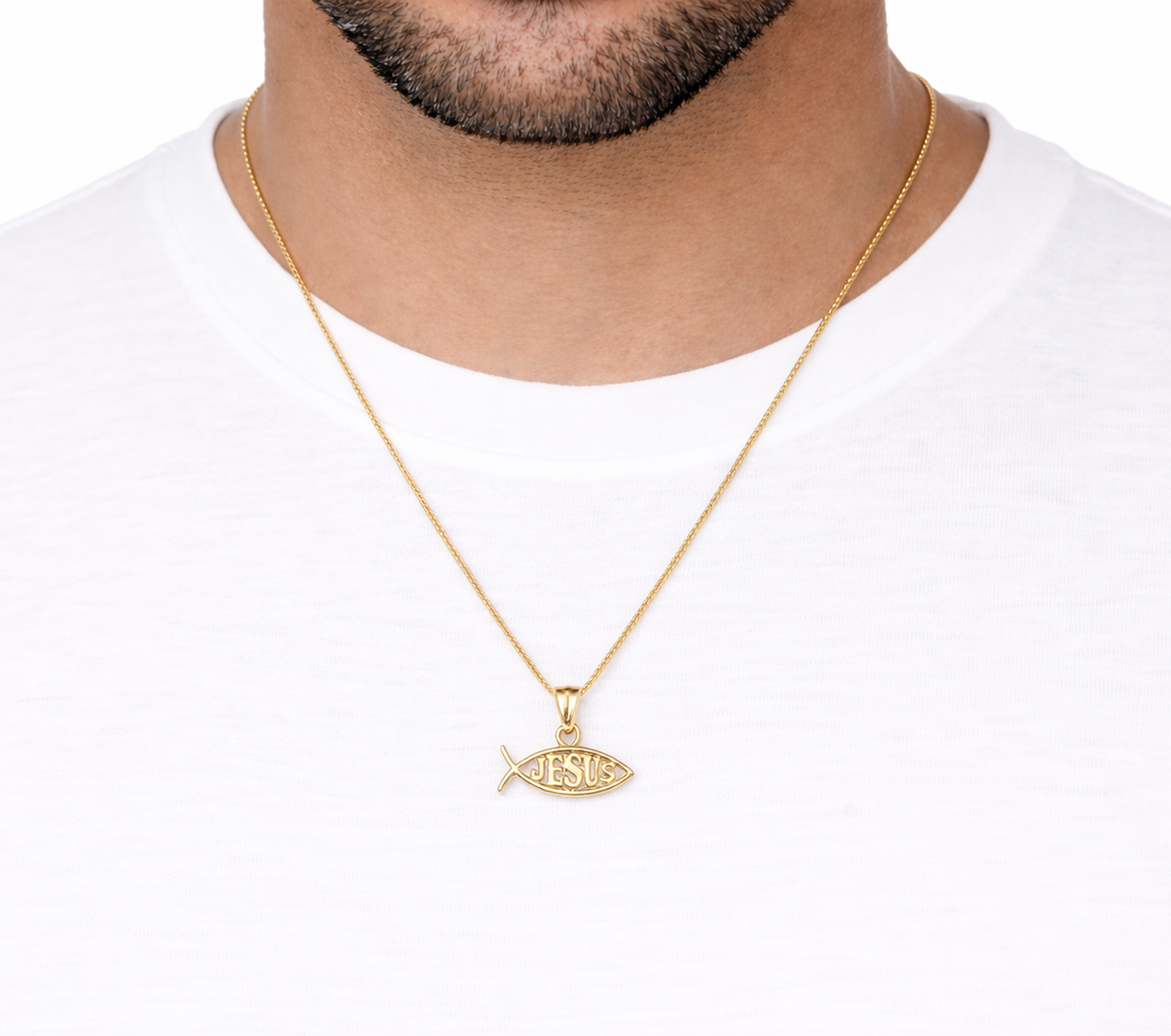 10K Yellow Gold Ichthus Christian Fish Pendant Necklace Charm with JESUS Center, Religious Jewelry for Men and Women, 0.9" x 0.7"