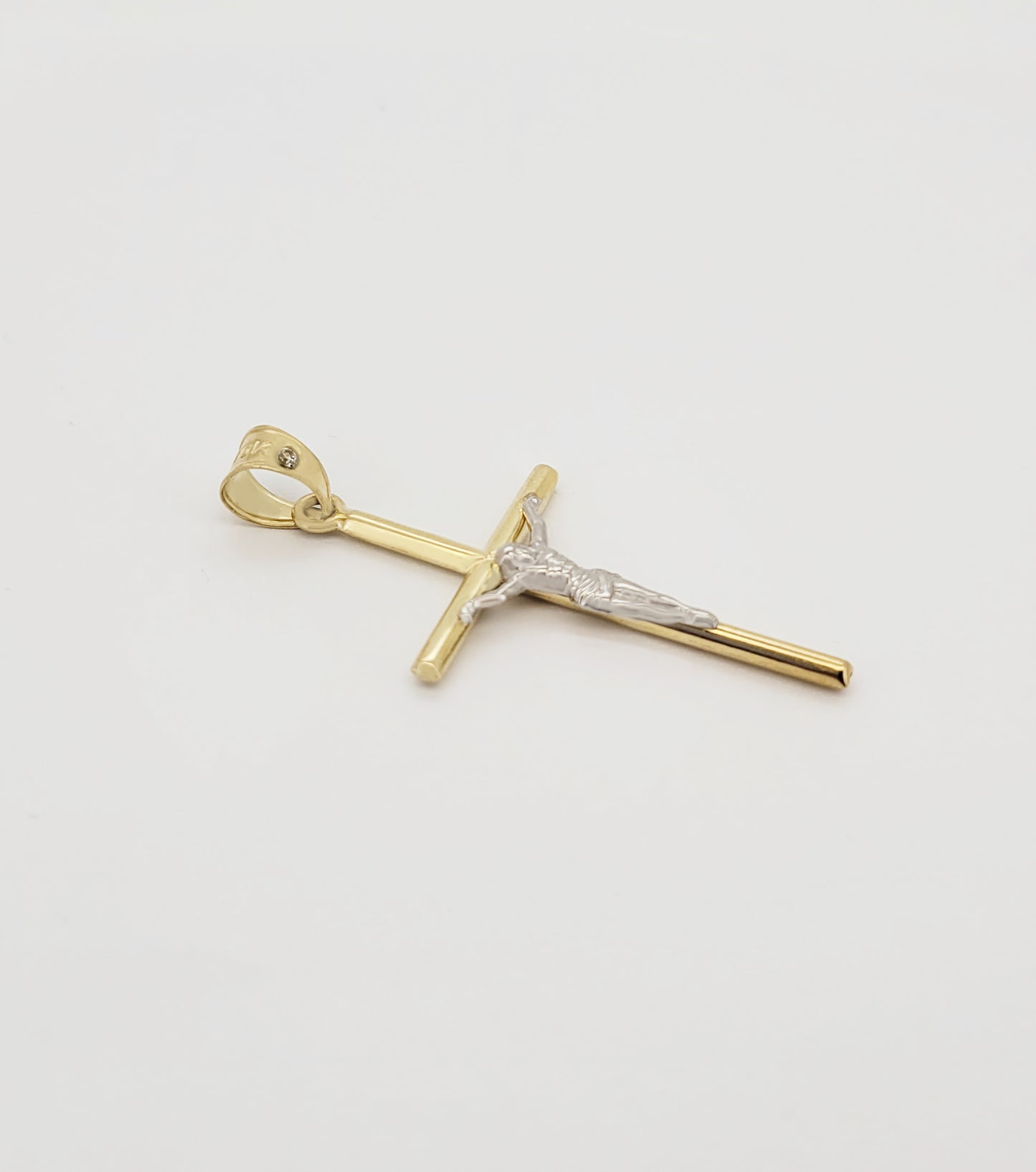 10K Yellow Gold Tube Cross Necklace Pendant Two Tone Color Cross Charm