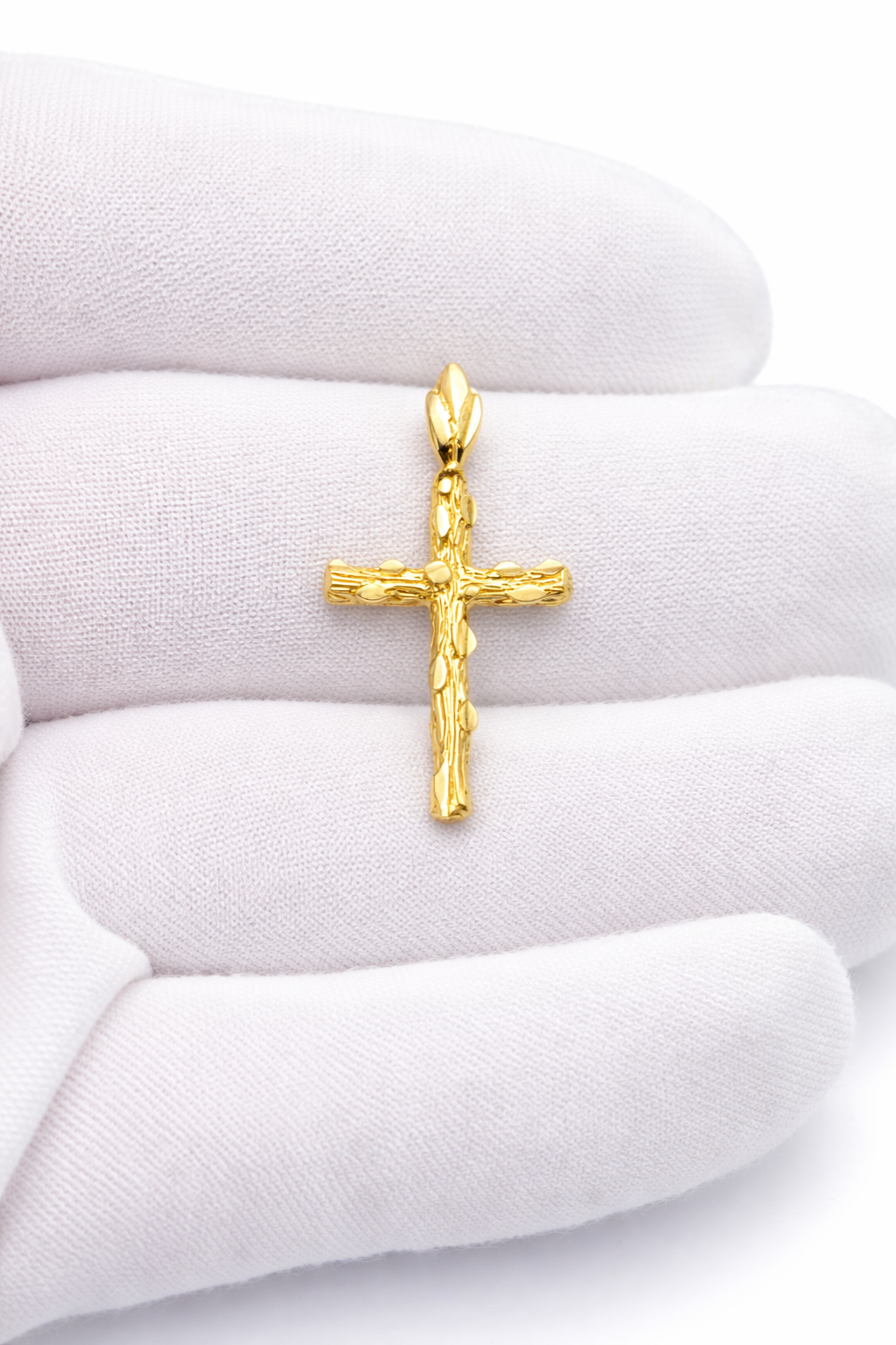 10K Yellow Gold Nugget Cross Pendant, Textured Wood Branch Design, Solid Gold Religious Necklace Charm