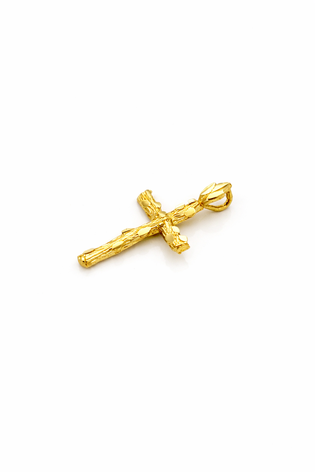 10K Yellow Gold Nugget Cross Pendant, Textured Wood Branch Design, Solid Gold Religious Necklace Charm