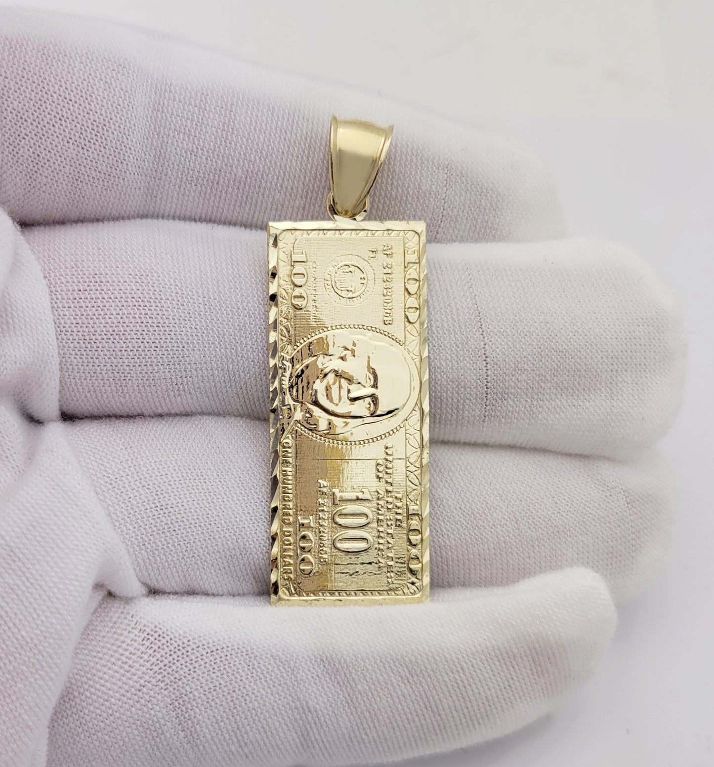 10K Yellow Gold Hundred Dollar Bill Pendant Benjamin Franklin Bill Charm 2.0 in x 0.65 in