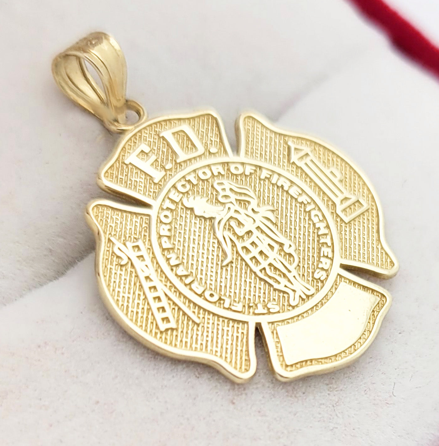 10K Yellow Gold St. Florian Patron Saint of Firefighters Pendant, Maltese Cross Fire Department Badge Charm for Necklace