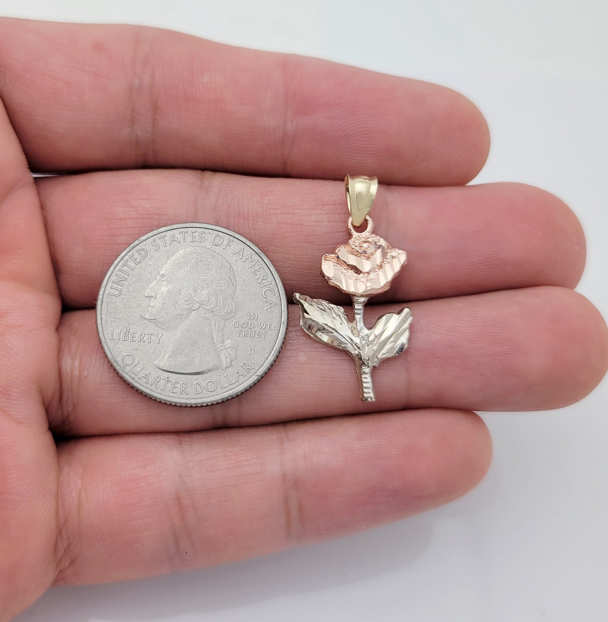 10K Tri-Color Gold Rose Flower Pendant, Real Gold Rose Charm for Necklace, Floral Jewelry Gift for Women, 1.1 in x 0.6 in - Stunu jewelry
