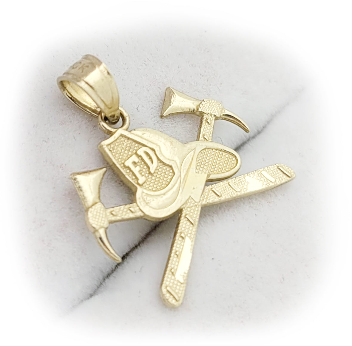 10K Yellow Gold Firefighter Helmet and Crossed Axes Pendant, Fire Department FD Badge Charm