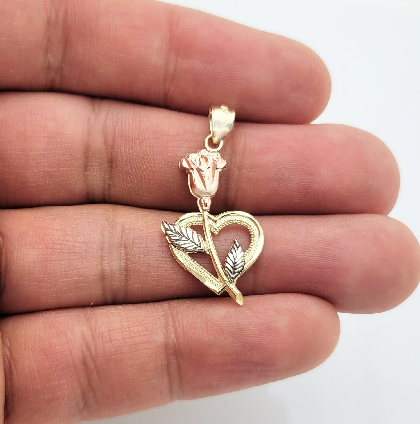 10K Yellow & Rose Gold Flower Heart Pendant, Rose Jewelry for Women, Elegant Floral Heart Charm for Necklaces, 1.2" x 0.6" - Stunu jewelry
