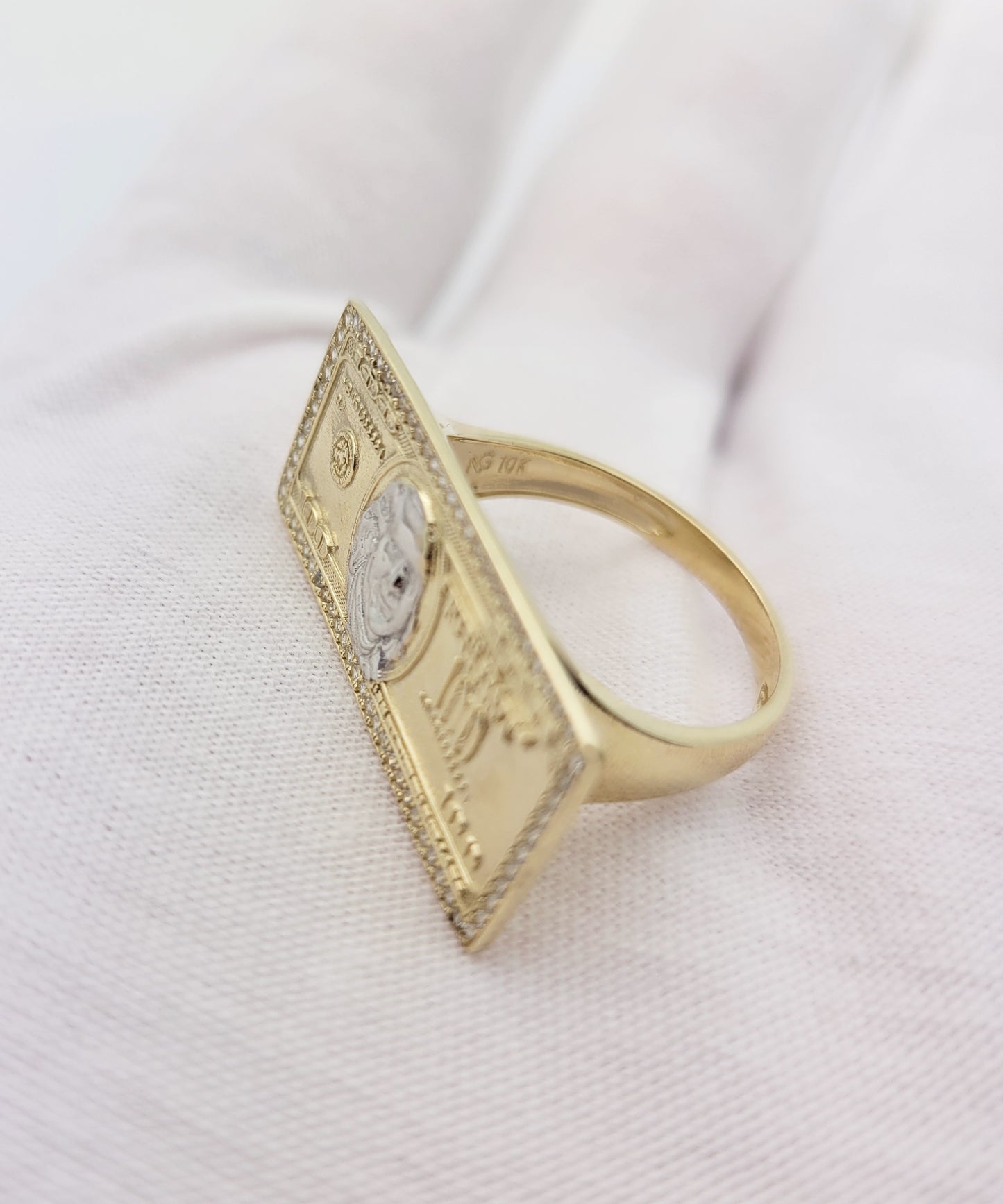 10K Yellow Gold Hundred Dollar Bill Ring Benjamin Franklin Ring With CZ Stones