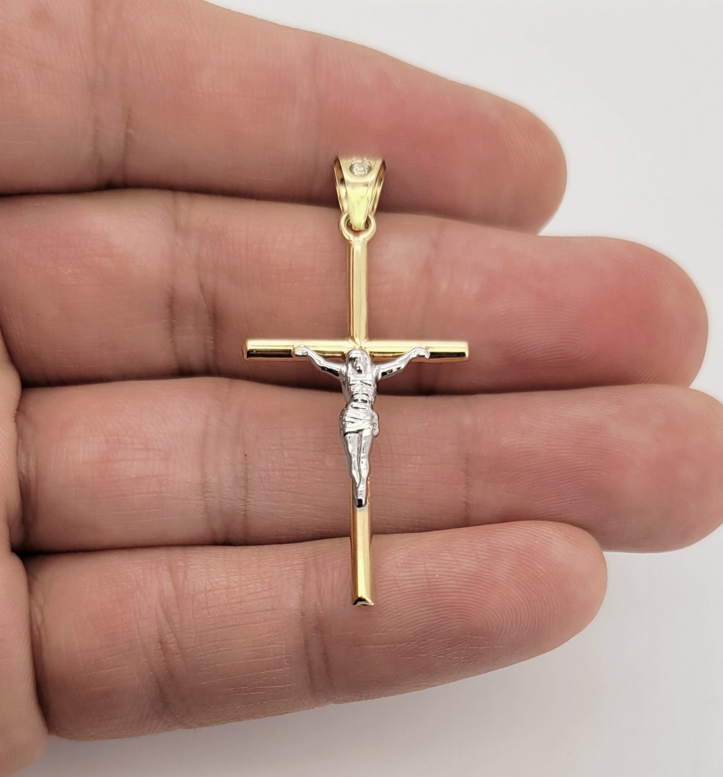 10K Yellow Gold Tube Cross Necklace Pendant Two Tone Color Cross Charm