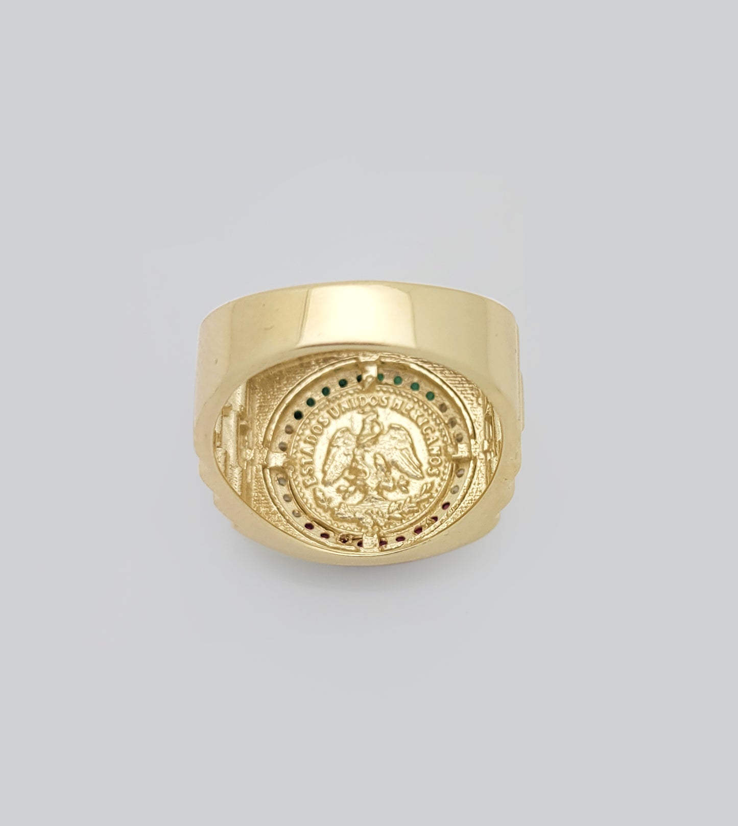 10K Yellow Gold 50 Pesos Coin Ring Mexican Flag Color Ring 7.5 g