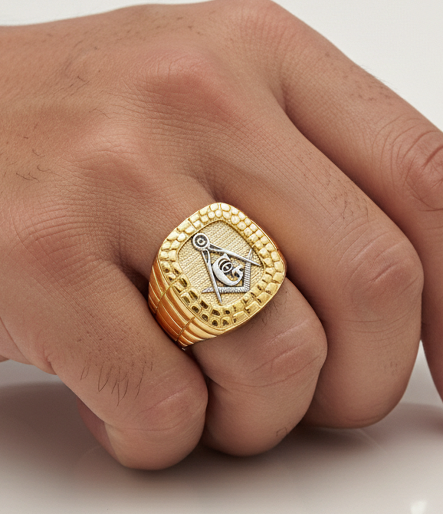 Men's 10k Yellow Gold Freemason Ring - Real Solid Gold Masonic Signet Ring for Men