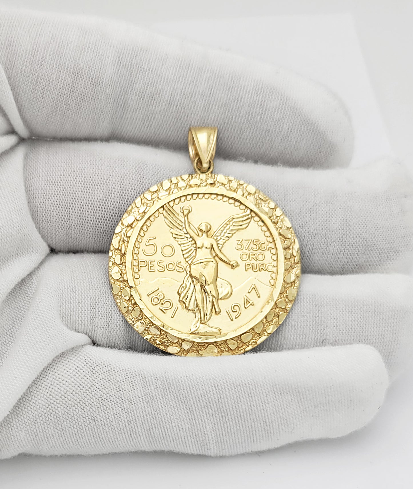 10K Yellow Gold 50 Pesos Coin Pendant – Nugget Bezel, Authentic 10K Gold Jewelry for Men