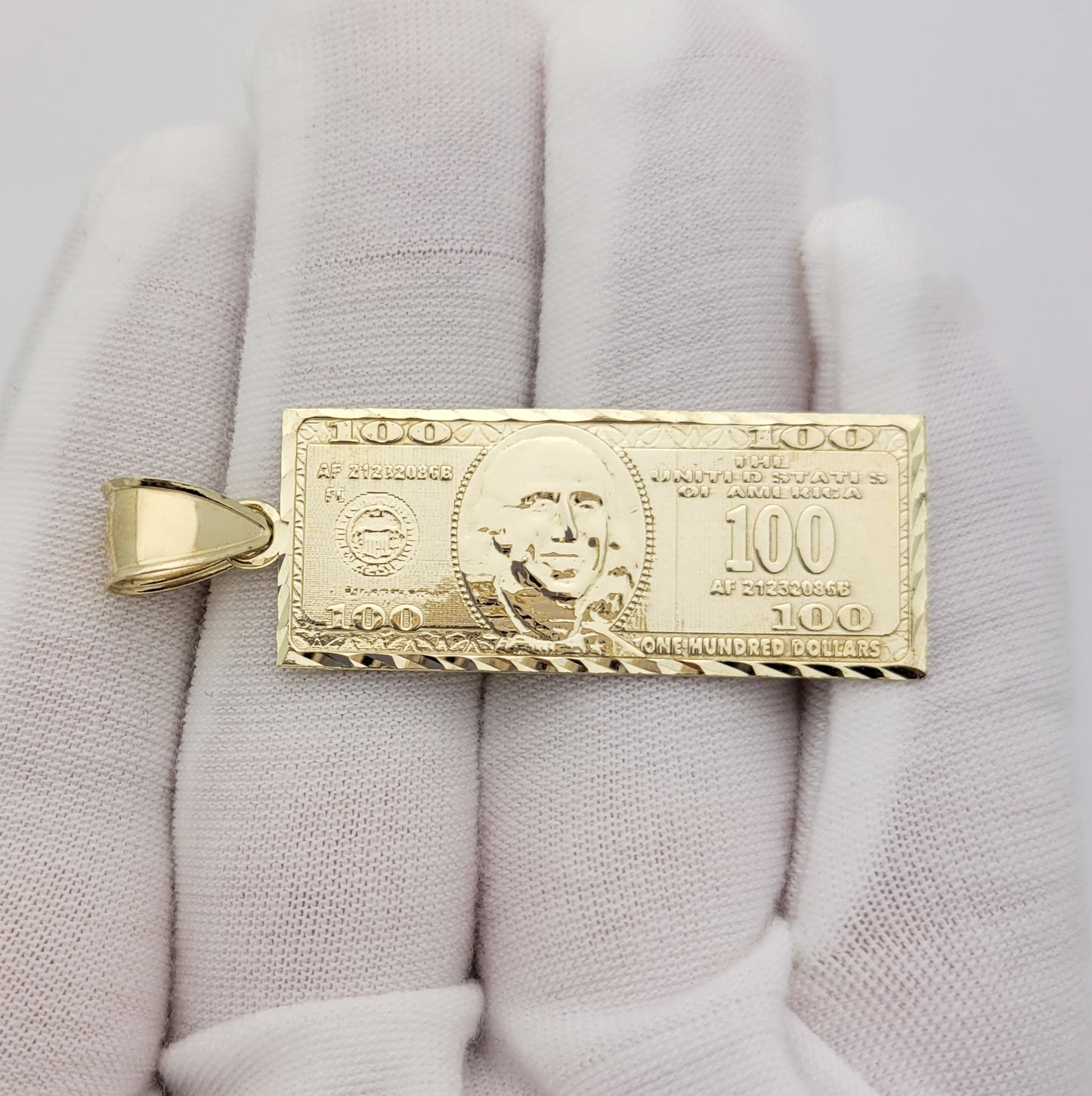 10K Yellow Gold Hundred Dollar Bill Pendant Benjamin Franklin Bill Charm 2.0 in x 0.65 in