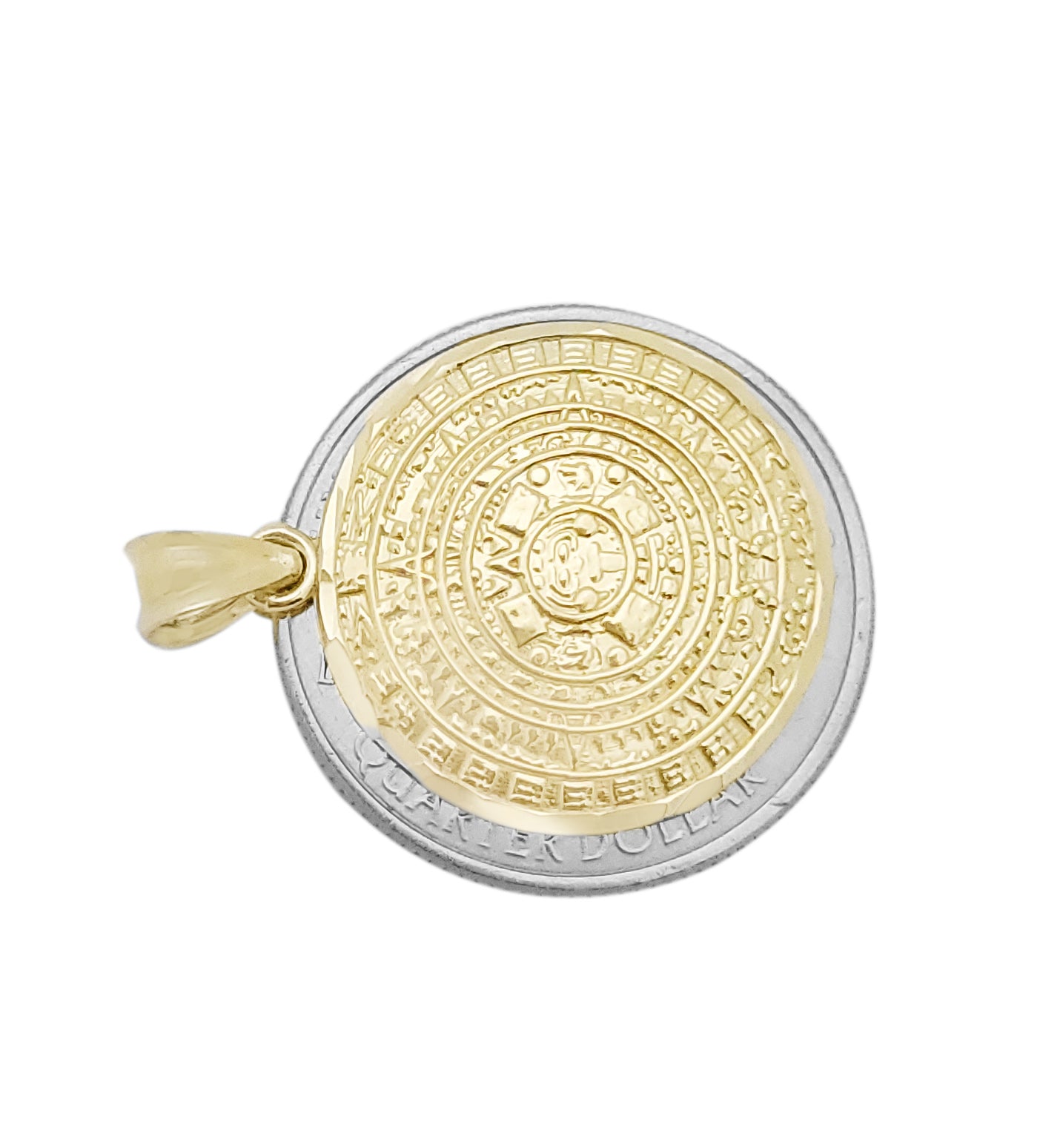 10K Yellow Gold Round Aztec Mayan Calendar Charm Pendant Mayan Gold 0.8 inch Diameter