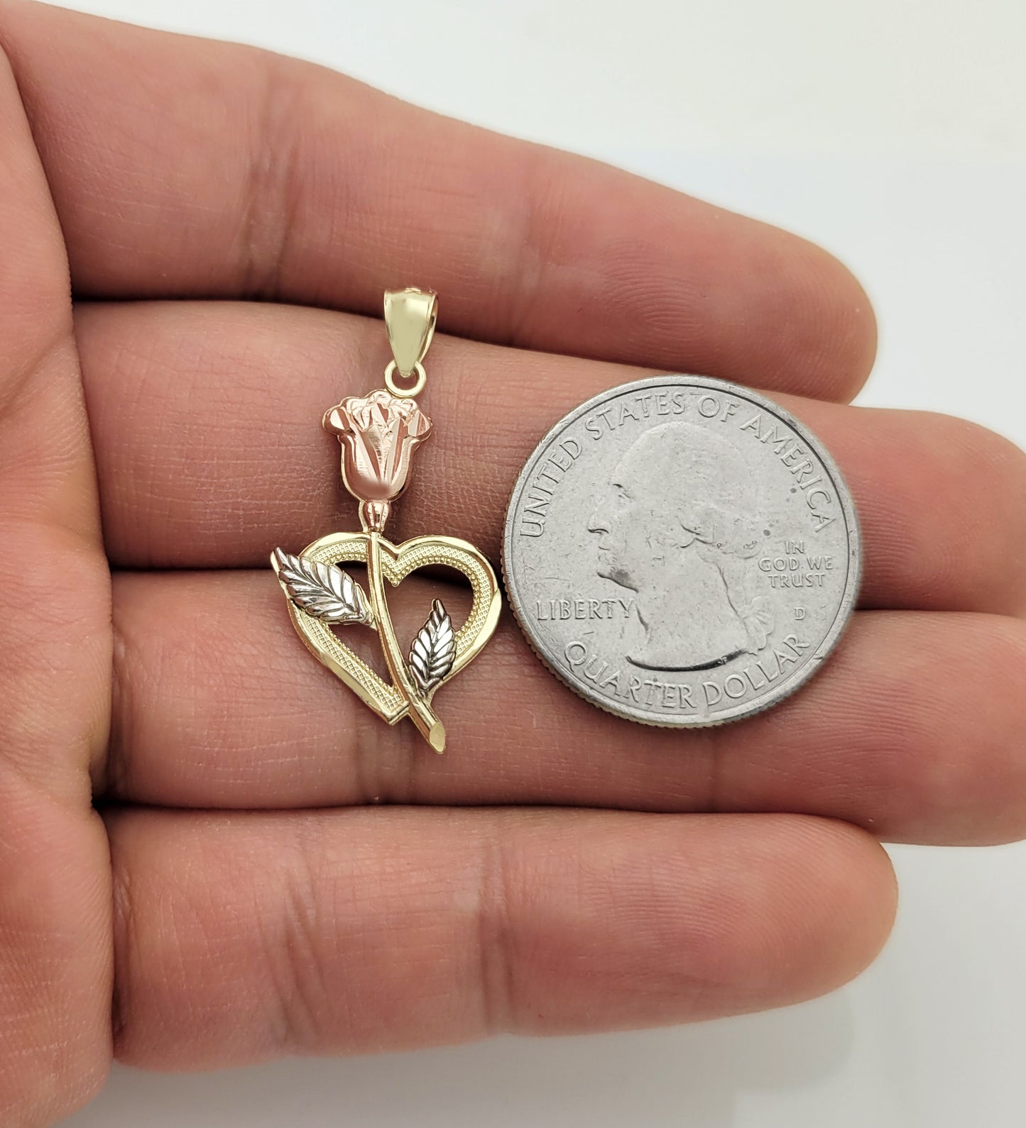 10K Yellow & Rose Gold Flower Heart Pendant, Rose Jewelry for Women, Elegant Floral Heart Charm for Necklaces, 1.2" x 0.6" - Stunu jewelry
