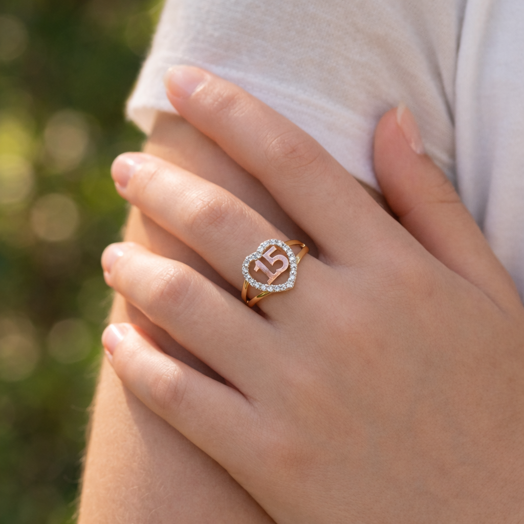 10K Yellow And Rose Gold Quinceanera Ring 15 Anos Heart Ring