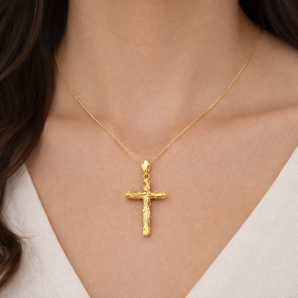 10K Yellow Gold Nugget Cross Pendant, Textured Wood Branch Design, Solid Gold Religious Necklace Charm