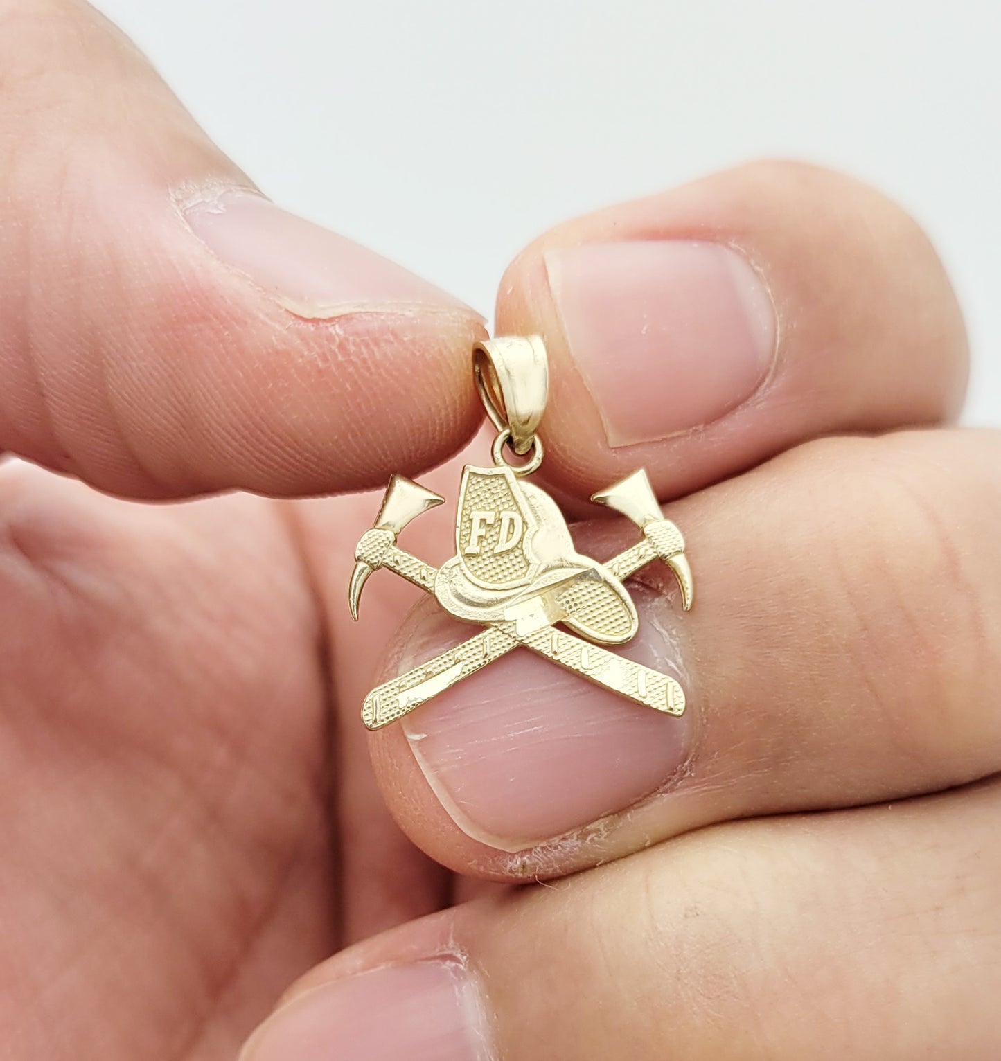 10K Yellow Gold Firefighter Helmet and Crossed Axes Pendant, Fire Department FD Badge Charm