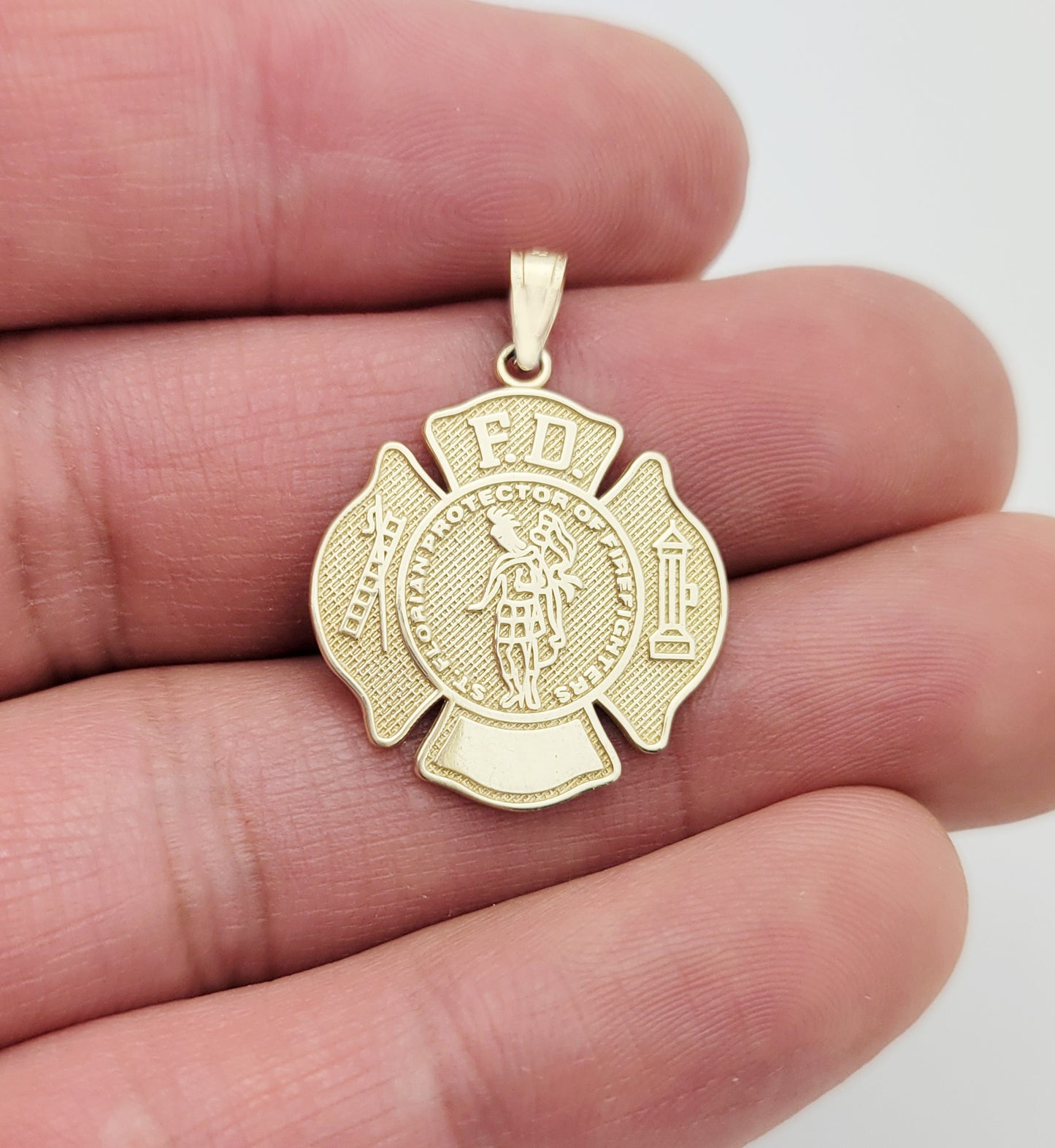10K Yellow Gold St. Florian Patron Saint of Firefighters Pendant, Maltese Cross Fire Department Badge Charm for Necklace
