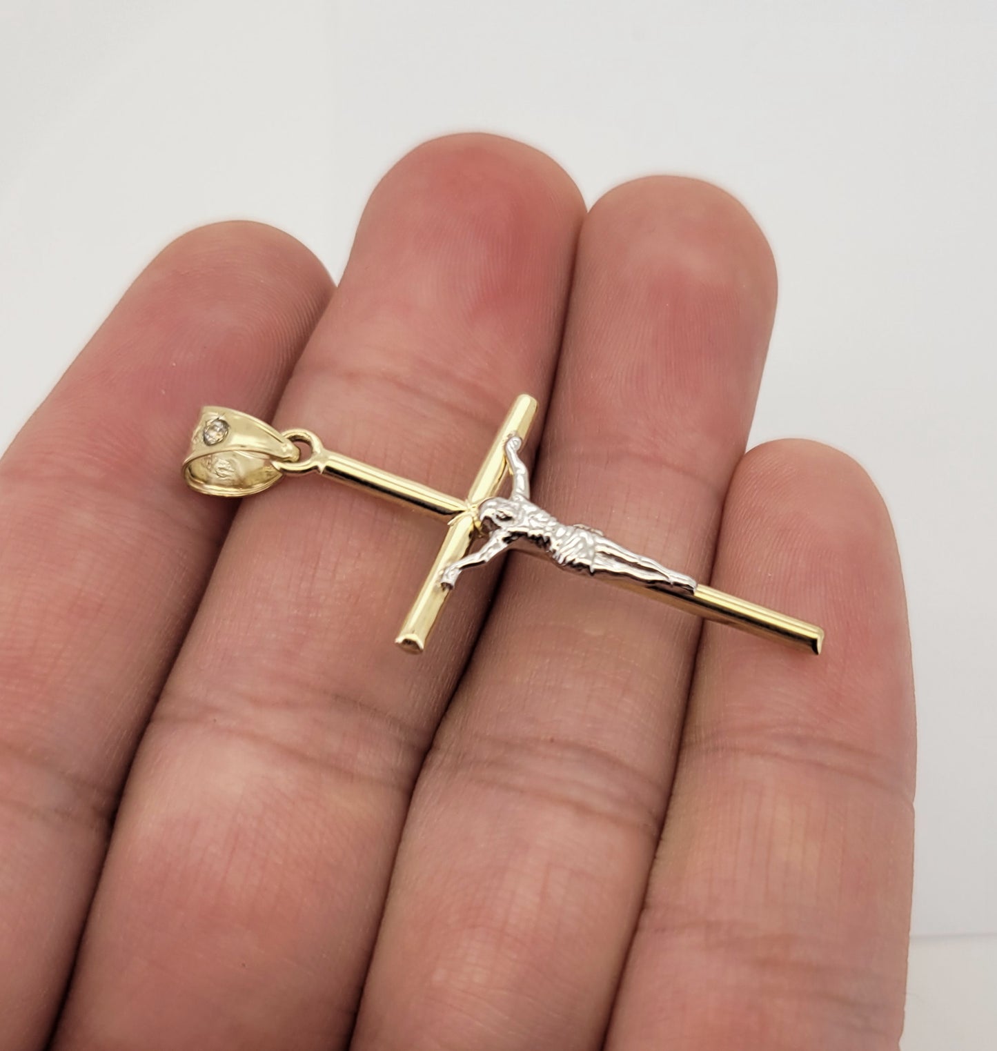 10K Yellow Gold Tube Cross Necklace Pendant Two Tone Color Cross Charm