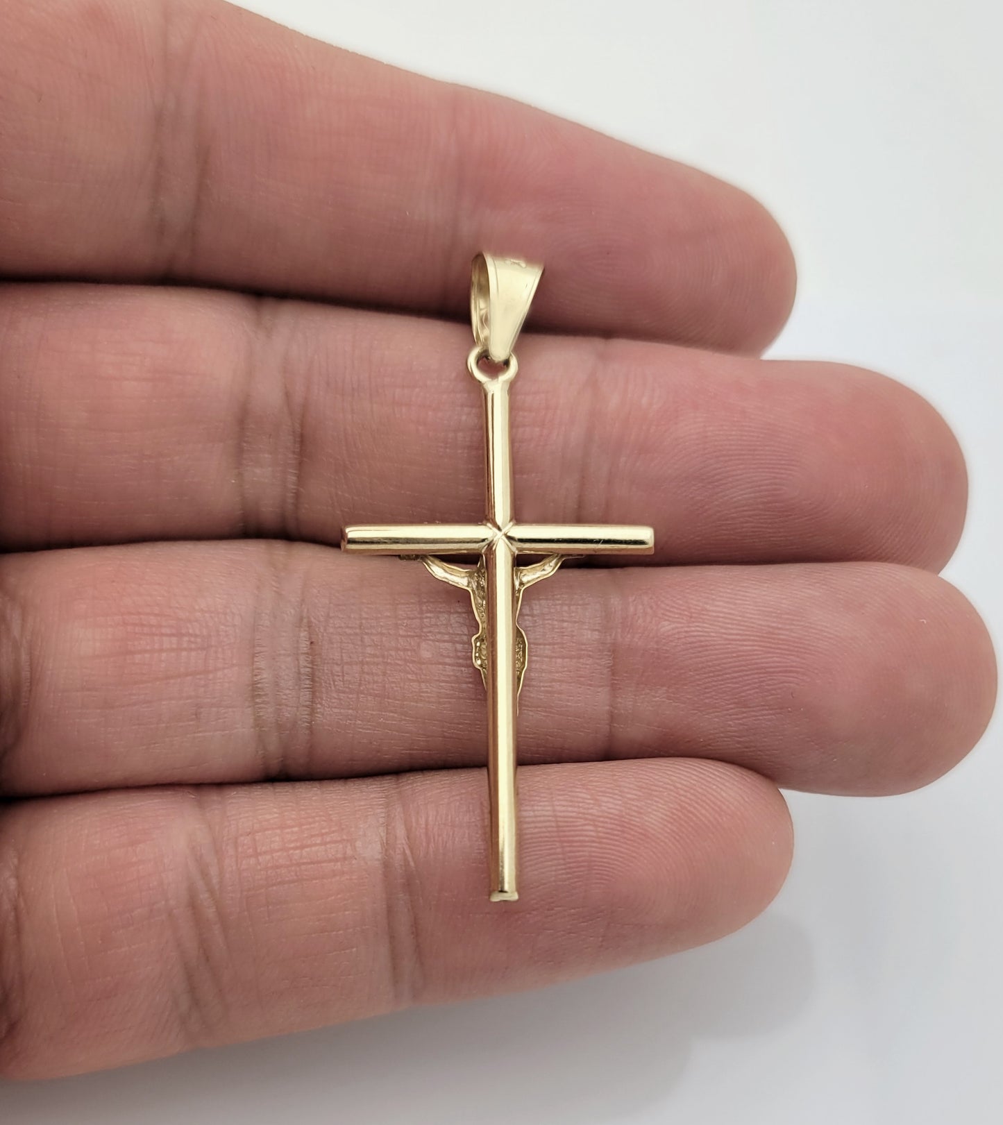 10K Yellow Gold Tube Cross Necklace Pendant Two Tone Color Cross Charm