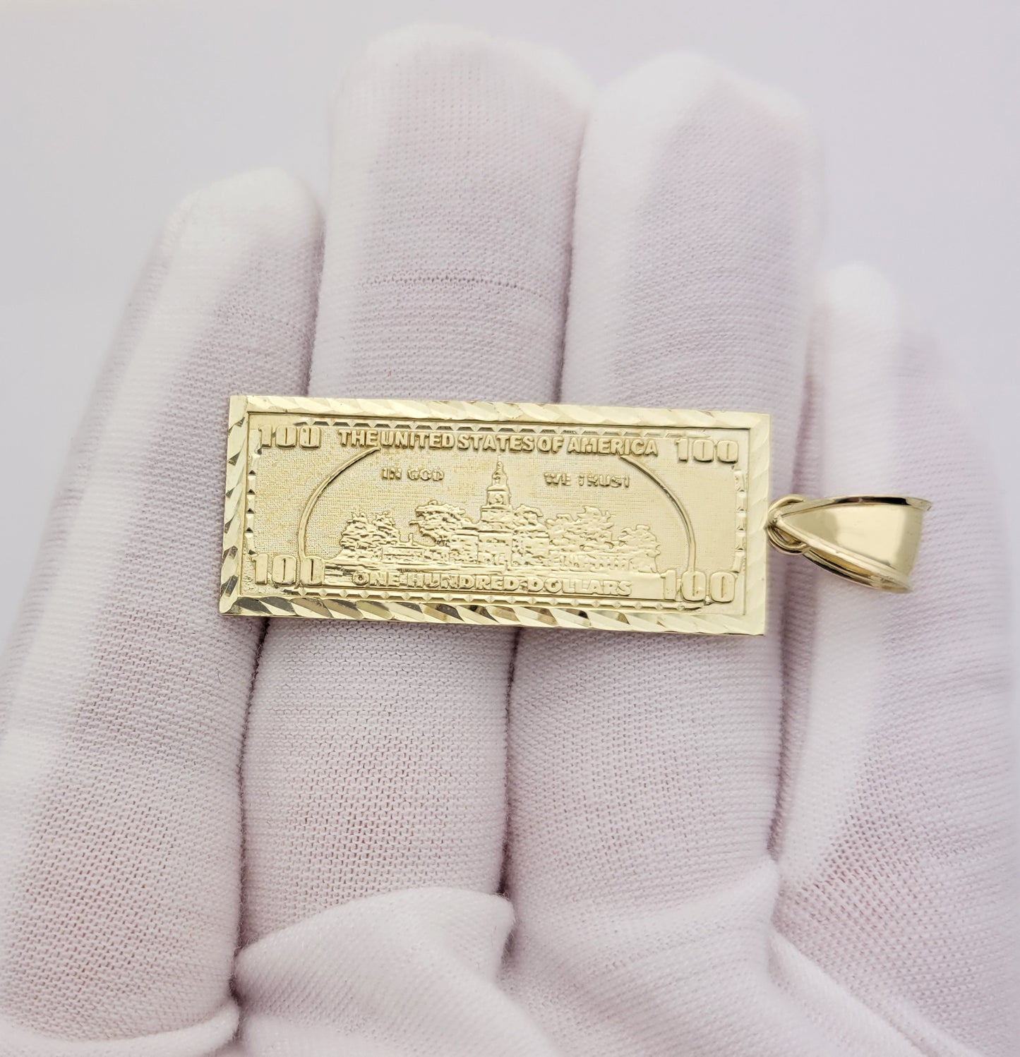 10K Yellow Gold Hundred Dollar Bill Pendant Benjamin Franklin Bill Charm 2.0 in x 0.65 in