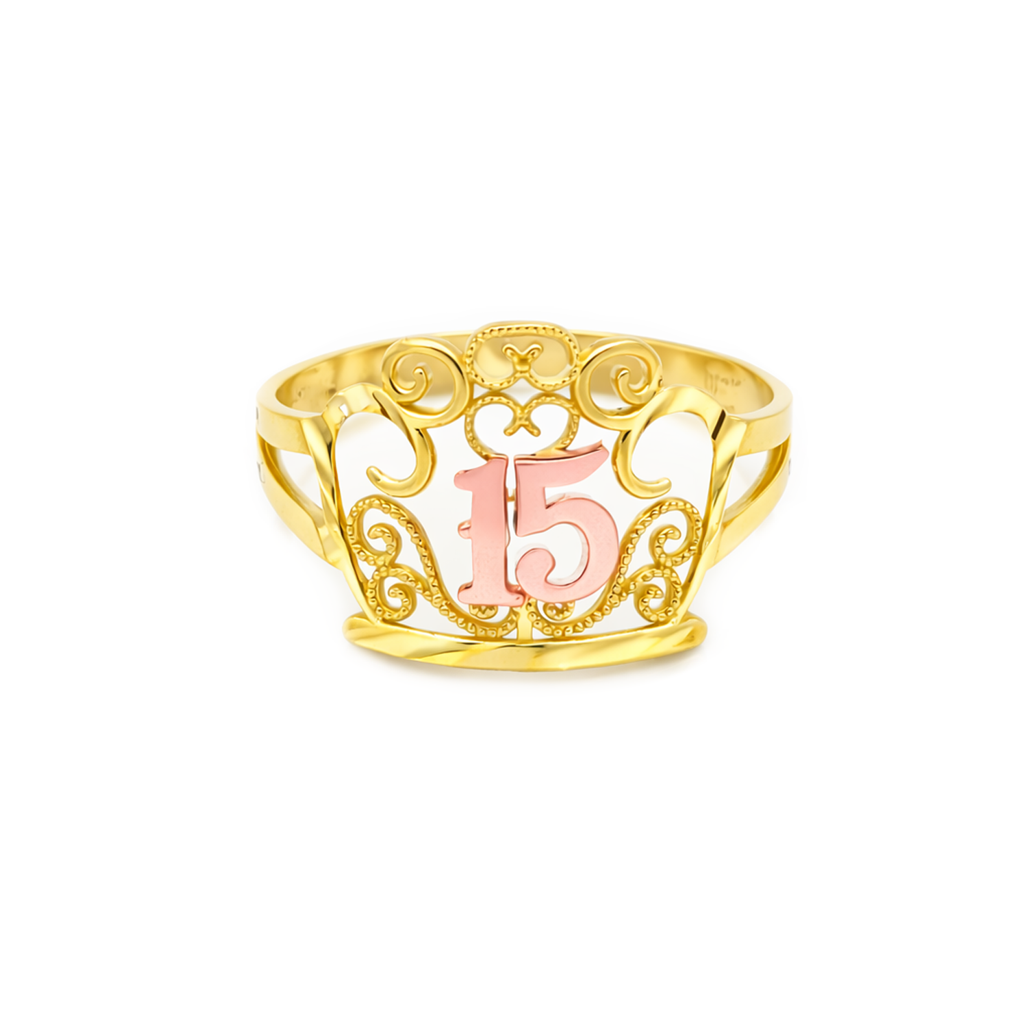 10K Yellow Gold Quinceañera Crown Ring with Rose Gold 15" Number, Sweet 15 Birthday Tiara Ring, Size 7.5 - Stunu jewelry