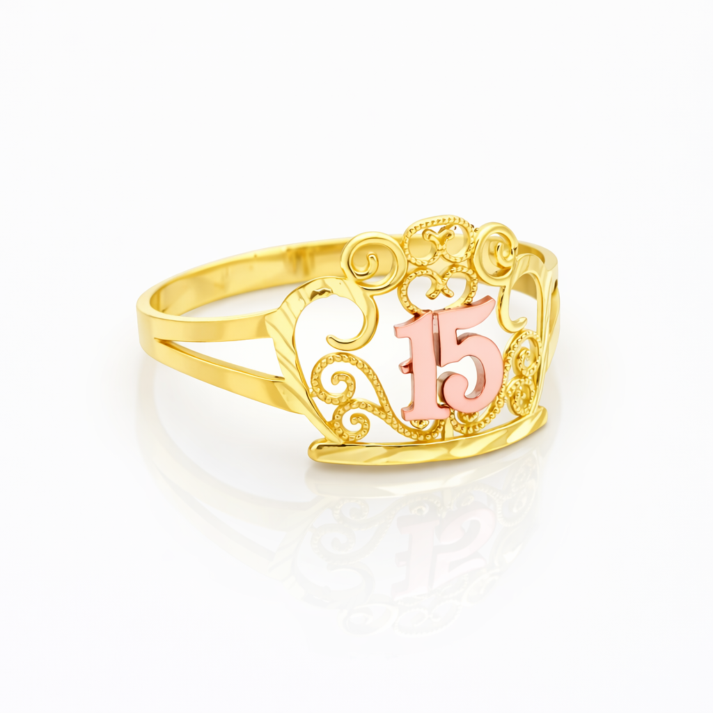 10K Yellow Gold Quinceañera Crown Ring with Rose Gold 15" Number, Sweet 15 Birthday Tiara Ring, Size 7.5 - Stunu jewelry
