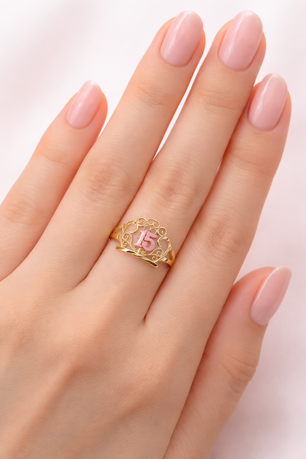 10K Yellow Gold Quinceañera Crown Ring with Rose Gold 15" Number, Sweet 15 Birthday Tiara Ring, Size 7.5 - Stunu jewelry