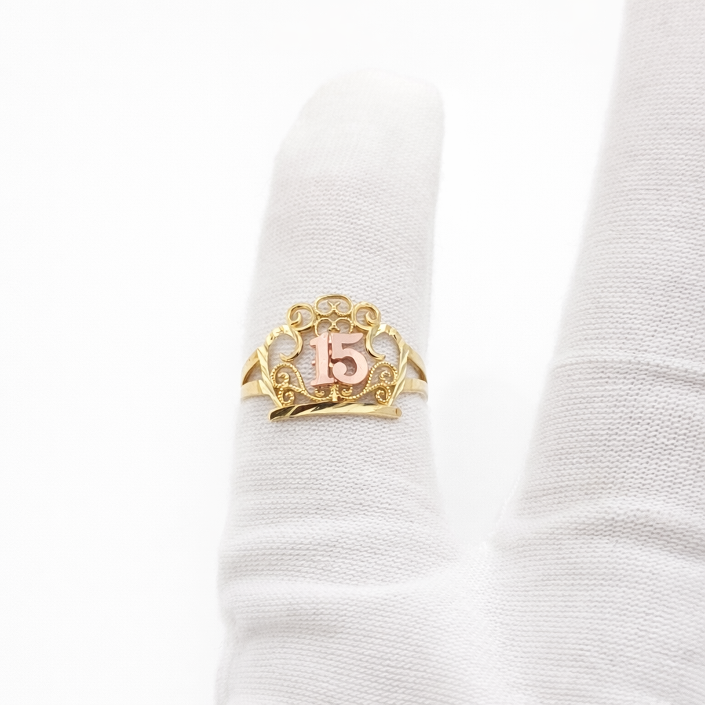 10K Yellow Gold Quinceañera Crown Ring with Rose Gold 15" Number, Sweet 15 Birthday Tiara Ring, Size 7.5 - Stunu jewelry