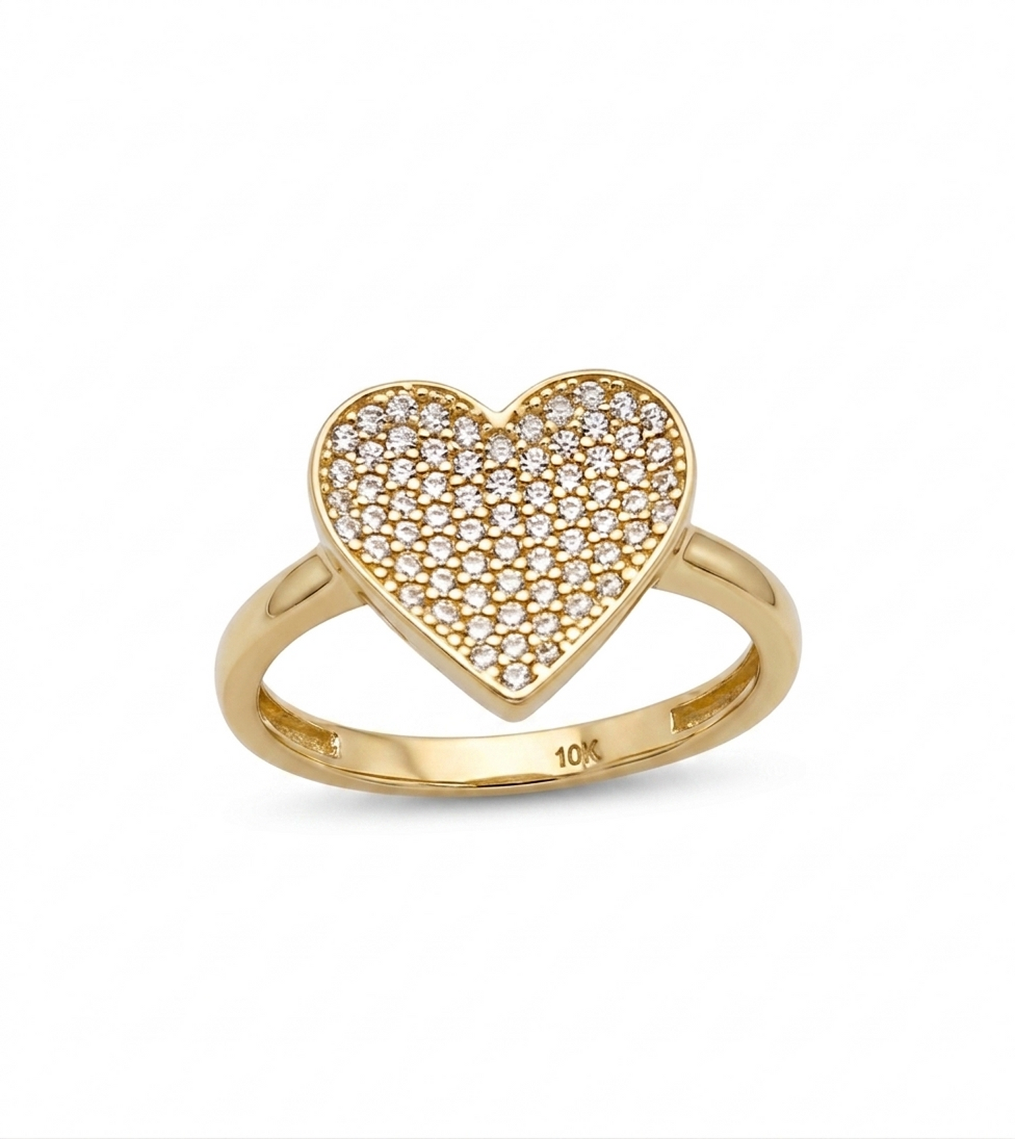 10K Yellow Gold Heart Ring for Women, Pave Cubic Zirconia Statement Ring, Romantic Jewelry Gift for Her, Size 8
