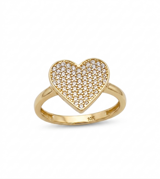 10K Yellow Gold Heart Ring for Women, Pave Cubic Zirconia Statement Ring, Romantic Jewelry Gift for Her, Size 8