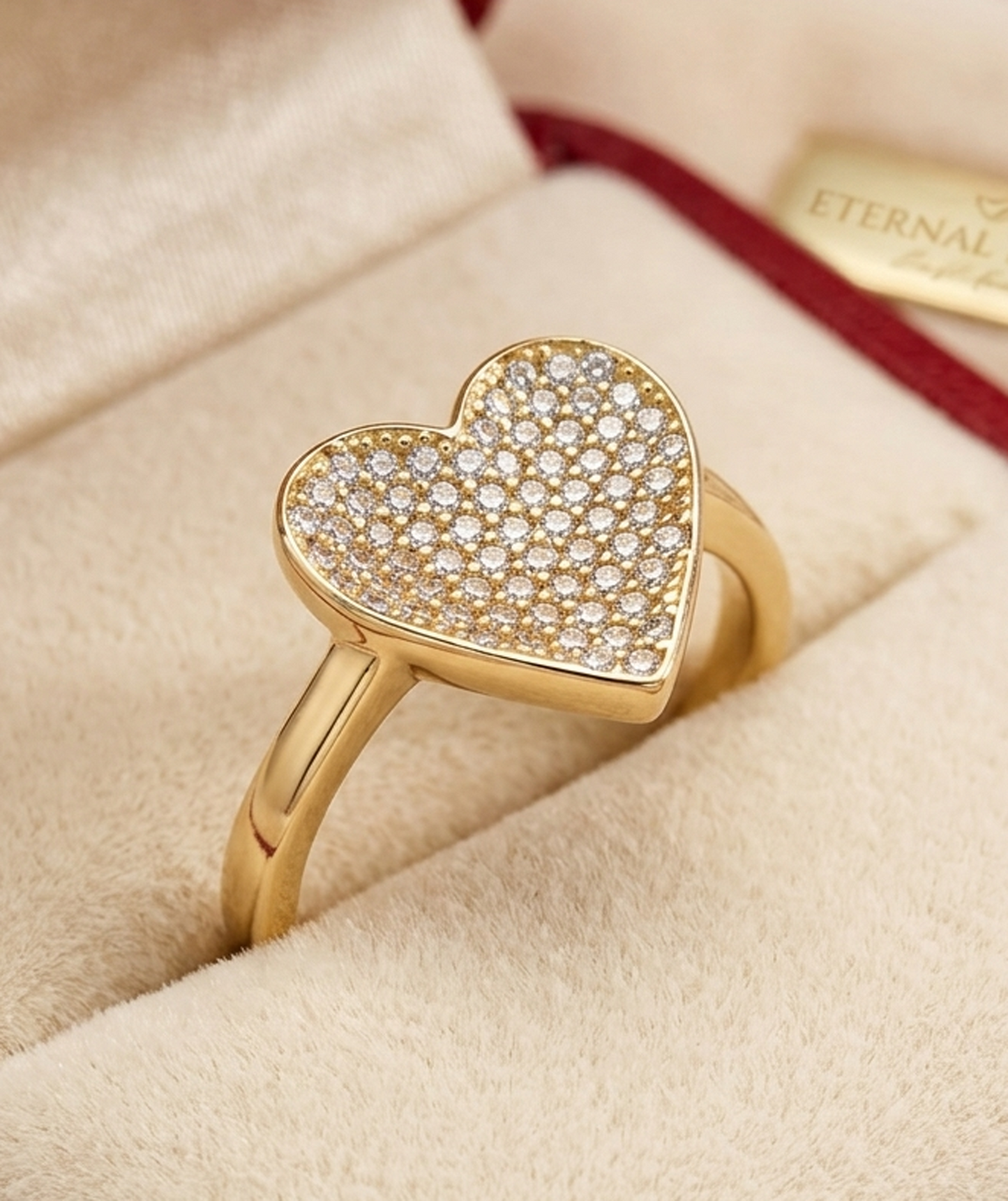 10K Yellow Gold Heart Ring for Women, Pave Cubic Zirconia Statement Ring, Romantic Jewelry Gift for Her, Size 8