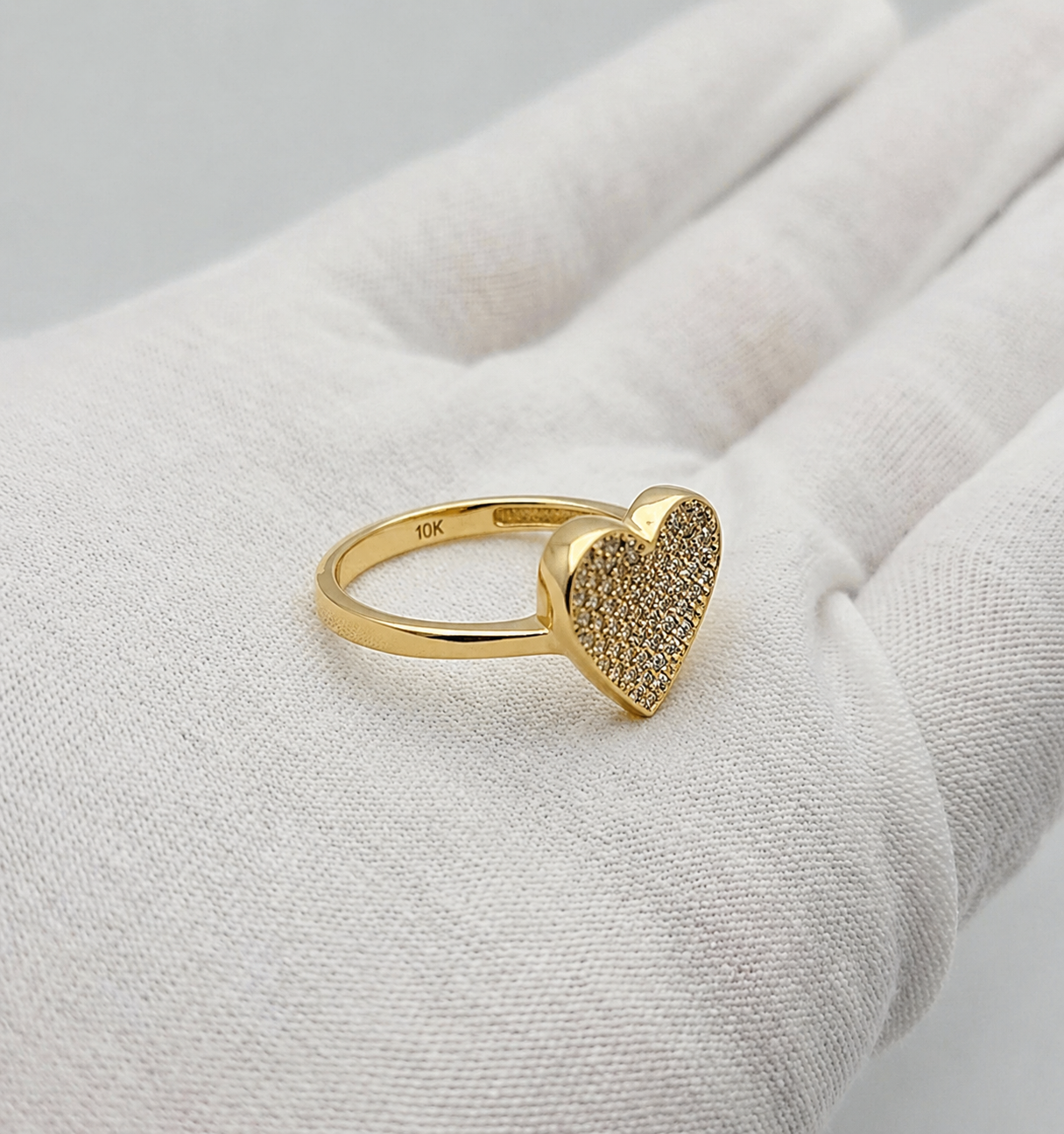 10K Yellow Gold Heart Ring for Women, Pave Cubic Zirconia Statement Ring, Romantic Jewelry Gift for Her, Size 8