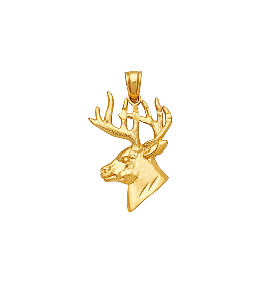 10K Yellow Gold Deer Head Pendant Detailed Buck Antler Charm Wildlife Nature Jewelry